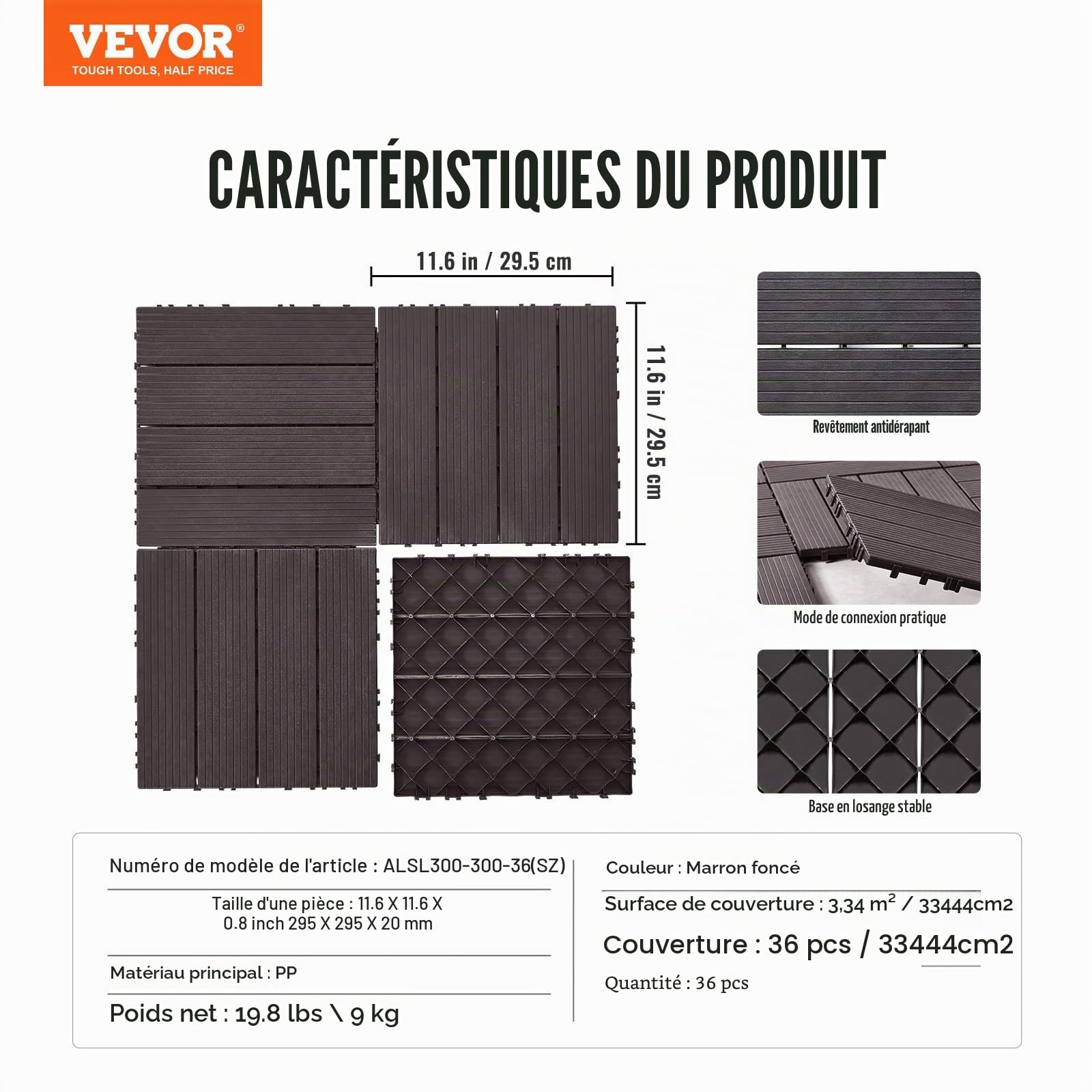 VEVOR Dalles de Terrasse Emboîtables, Lot de 36, Revêtement de Sol Plastique Imperméable, 300x300 mm, 33444 c㎡, Utilisation par Tous les Temps, pour Porche, Piscine, Balcon, Arrière-cour, Marron Foncé