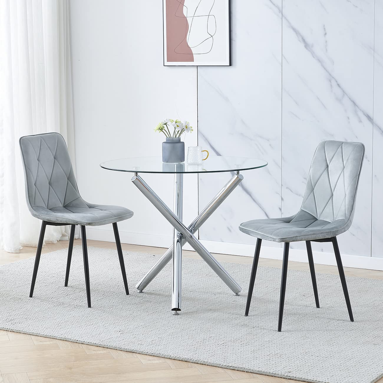 Pantanal 90cm Round Glass Dining Table and Grey Velvet Chairs Set of 2, Modern 3 Pieces Compact Kitchen Table with 2 Argyle Grid Chairs for Dinette Restaurant Small Space — image 1