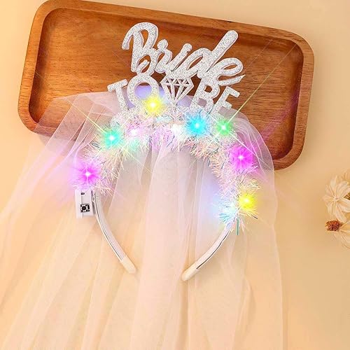 Light Up Bride to Be Veil Headband Led White Headbands Bridal Short Veils Headpiece Tulle Bachelorette Party Hair Accessories for Women and Girls