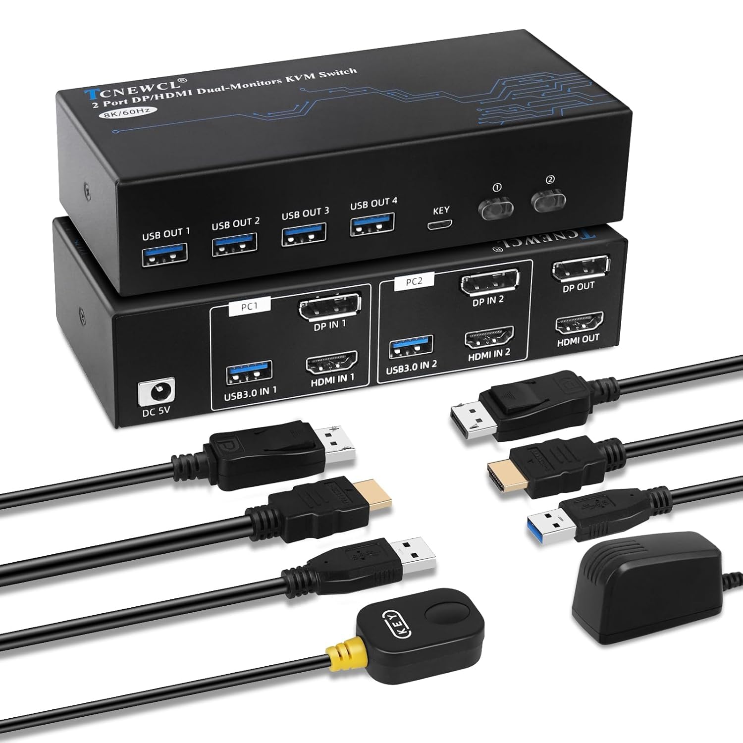 TCNEWCL HDMI Displayport KVM Switch 2 PC 2 Monitor, 8K 60Hz 4K 120Hz, USB 3.0 e Dual Monitor, Support Extended & Copy Mode, con 2 Cavi HDMI+DP+USB e Controller Desktop