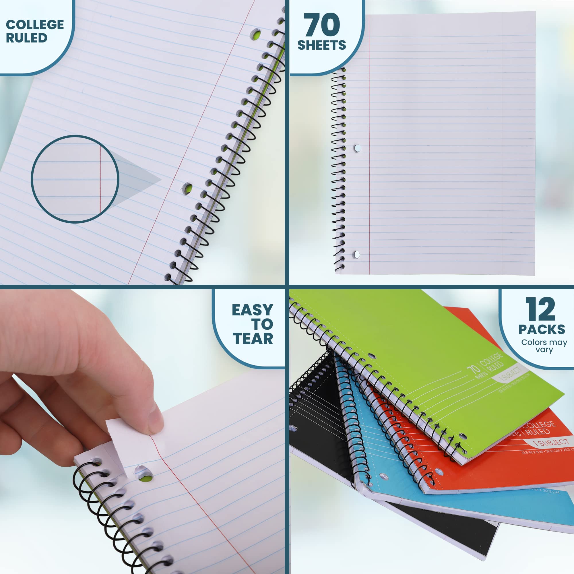 Lot de 12 carnets à spirale, 1 sujet, cahiers lignés – 70 feuilles – Perforés à 3 trous, pour l'école, la salle de classe, la maison, le bureau – Pages perforées, couleurs assorties