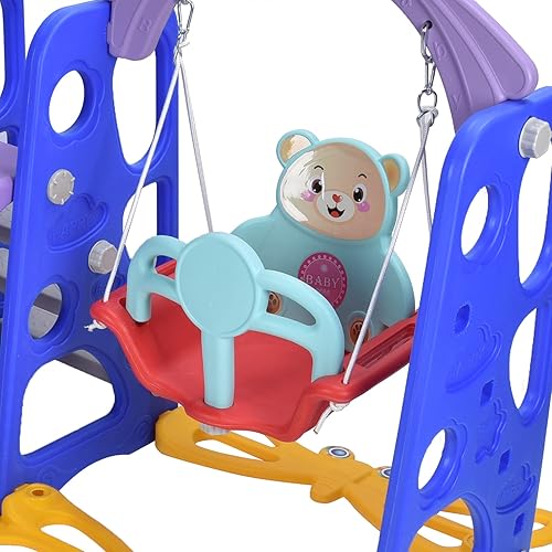 Miniatura 7 de Ymiko Tobogán para niños pequeños, juego 5 en 1 para niños con aro de baloncesto y columpio, para interiores y exteriores, diseño ergonómico y marco