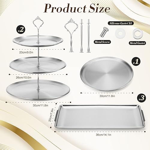 Miniatura 2 de Zubebe Juego de 6 piezas de exhibición de mesa de postre, 2 soportes de acero inoxidable para cupcakes, 3 soportes para tartas, 3 bandejas