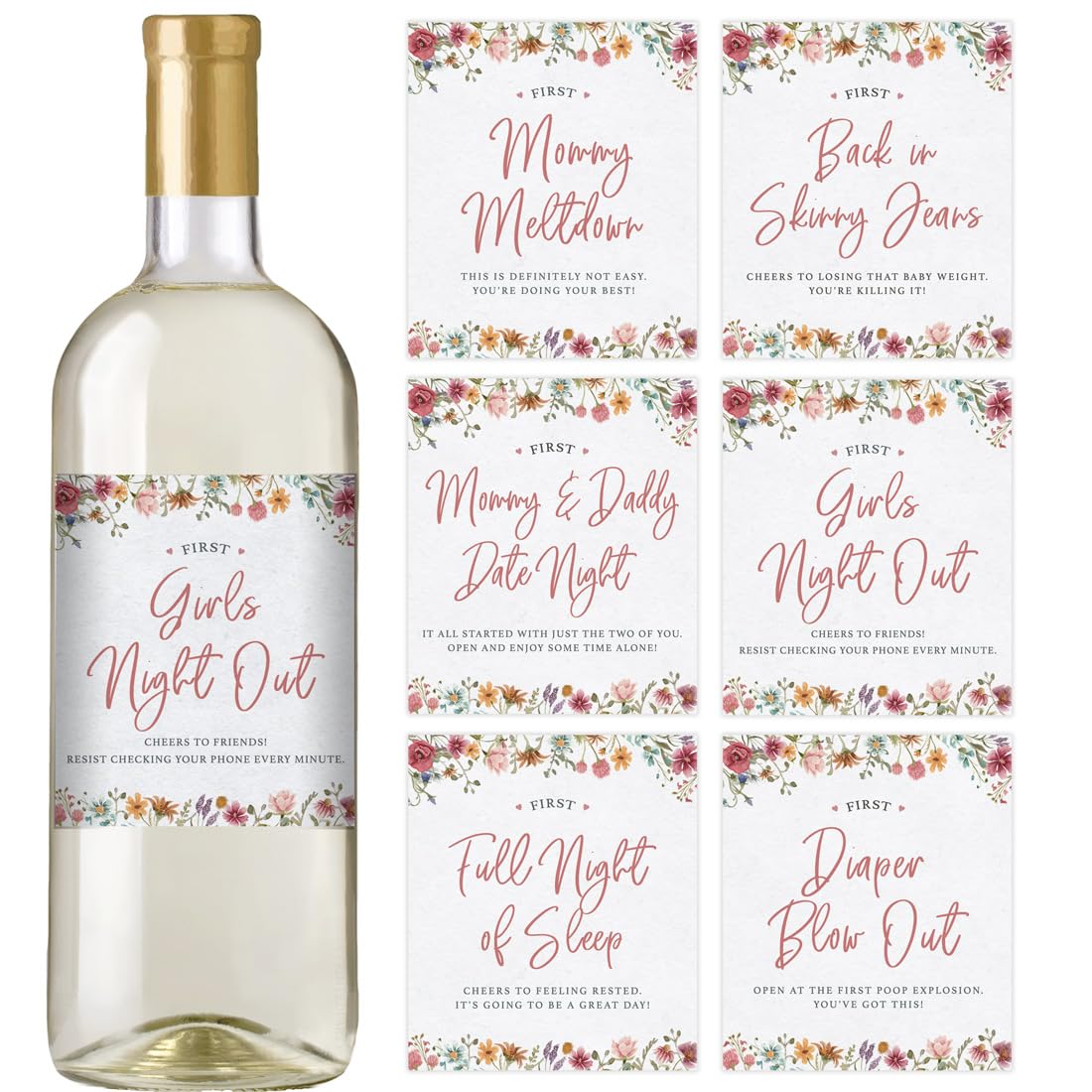 Printed Party Baby Shower Wine Label Gift Set - Mommy's First Milestones, Wine Bottle Labels for Expecting Mother to Be, Baby in Bloom Wildflower