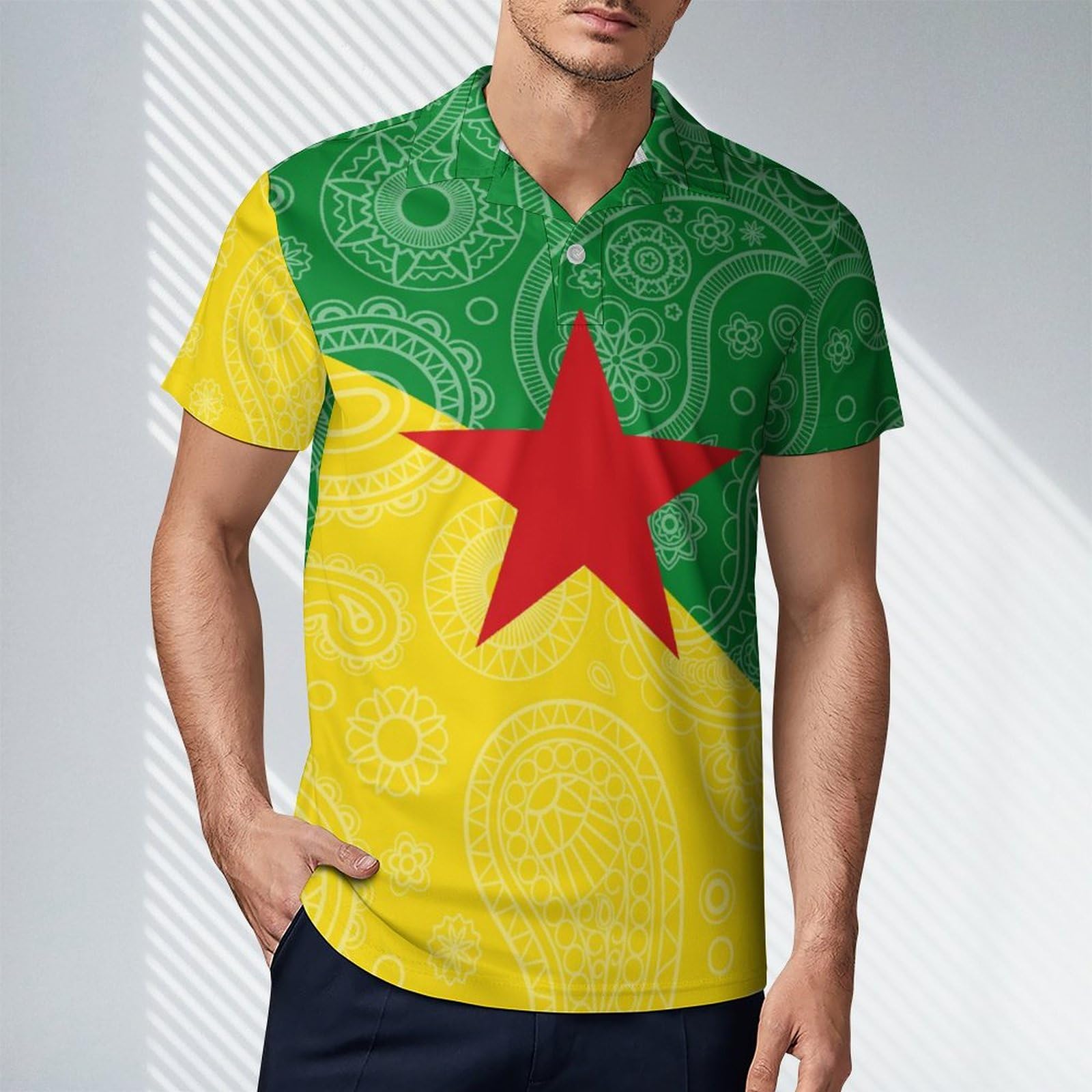 French Guiana Flag Paisley Pattern Novelty Men's Short Sleeve Shirts Funny Golf Tennis Work T-Shirt Sport Tee L