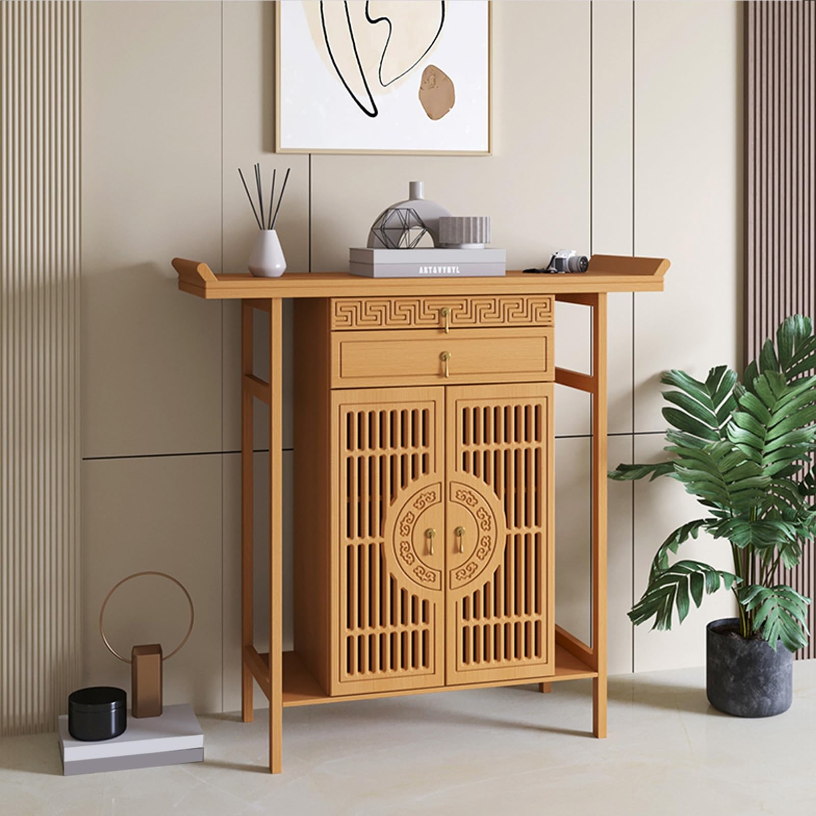 Mesa de altar de meditación marrón claro de 100 cm con cajón y nicho de Buda