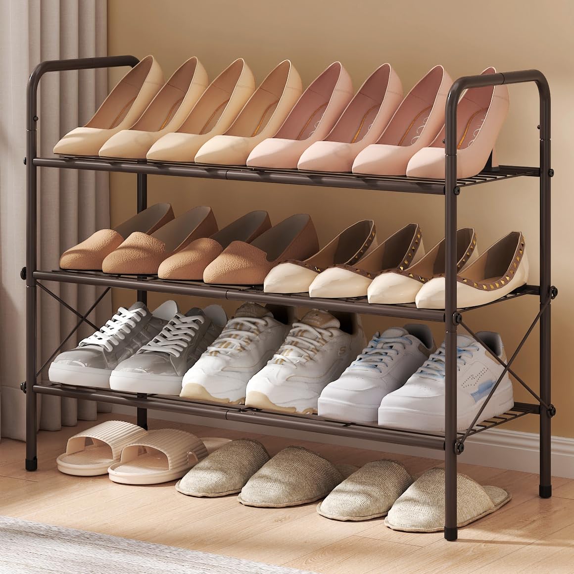 Portascarpe Acciaio CLESOO Scarpiera Metallica 3 Livelli - Portascarpe Per Ingresso Con Tasche E Appendistivali Scarpiera 3 Livelli Ingresso