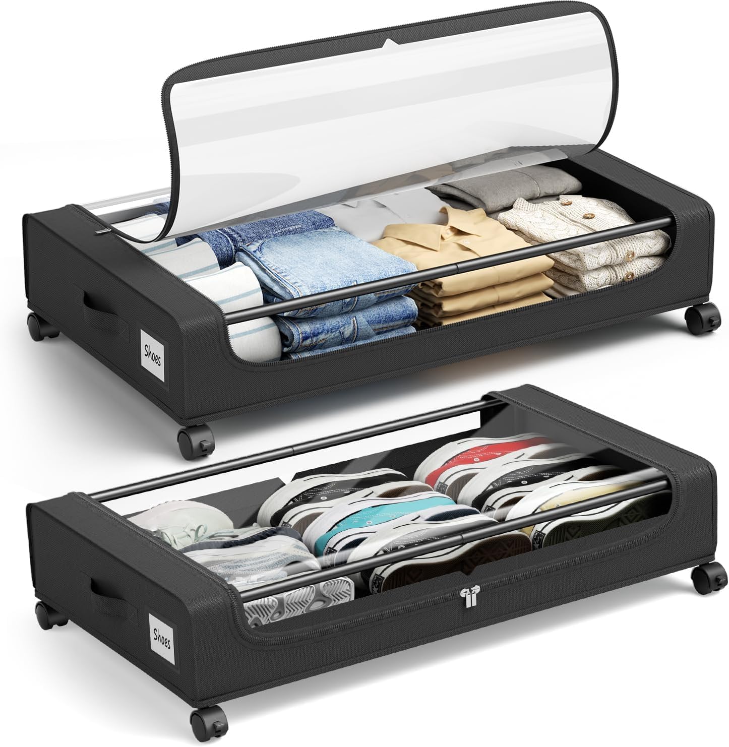 KEPLIN Under Bed Storage with Wheels, 2-Pack Underbed Storage Containers with Clear Lids, XXL 60L Under the bed storage Organizer Bins, Rolling Under Bed Metal Drawer for Clothes,Shoes,Toys (Black)-image-19