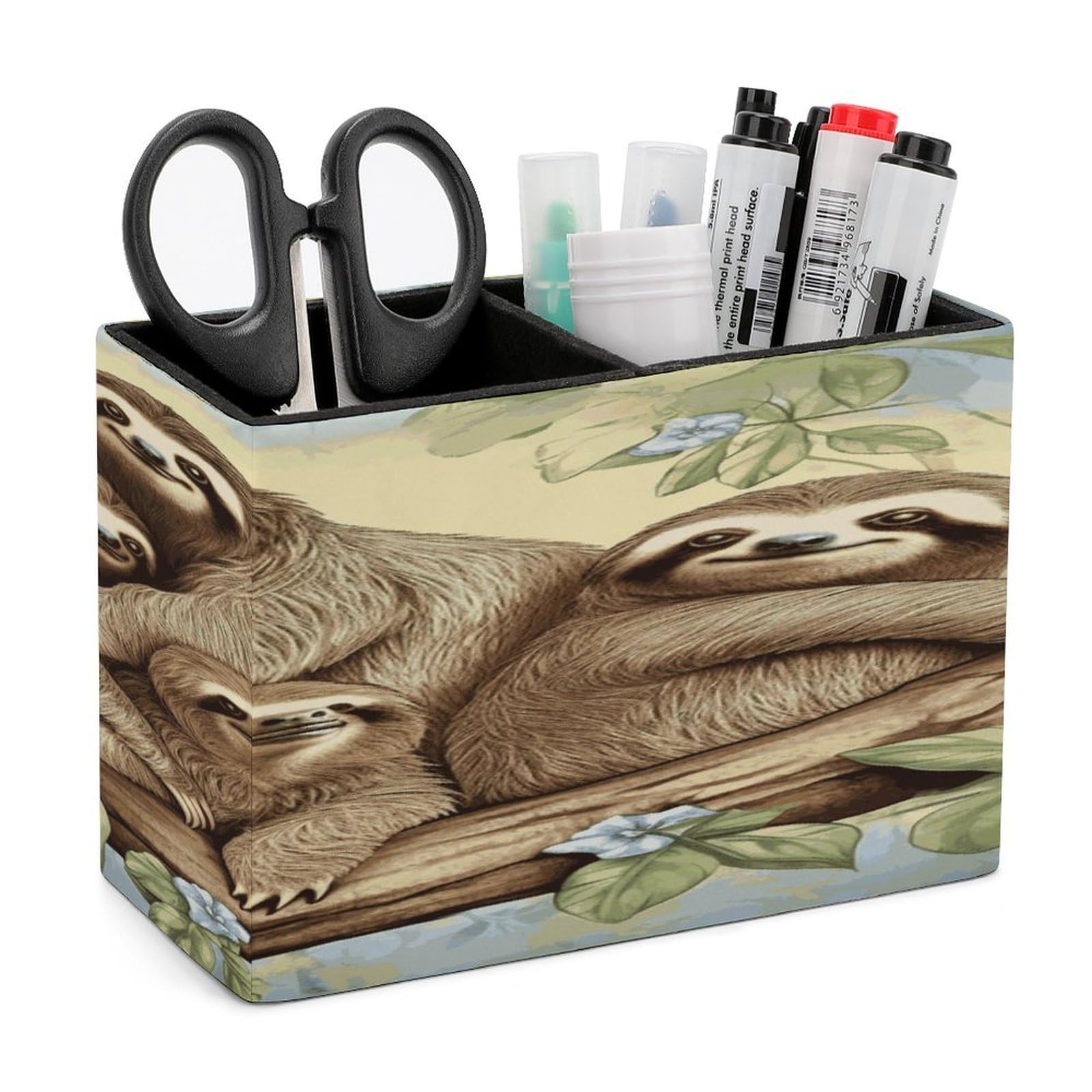 LDGSUPH Sloth Family Leather Pen Holder for Desk Organizer Caddy Large Pencil Cup Multi-function Pencil Holder Makeup Brush Holders Pen Organizer for Home Office Storage Box