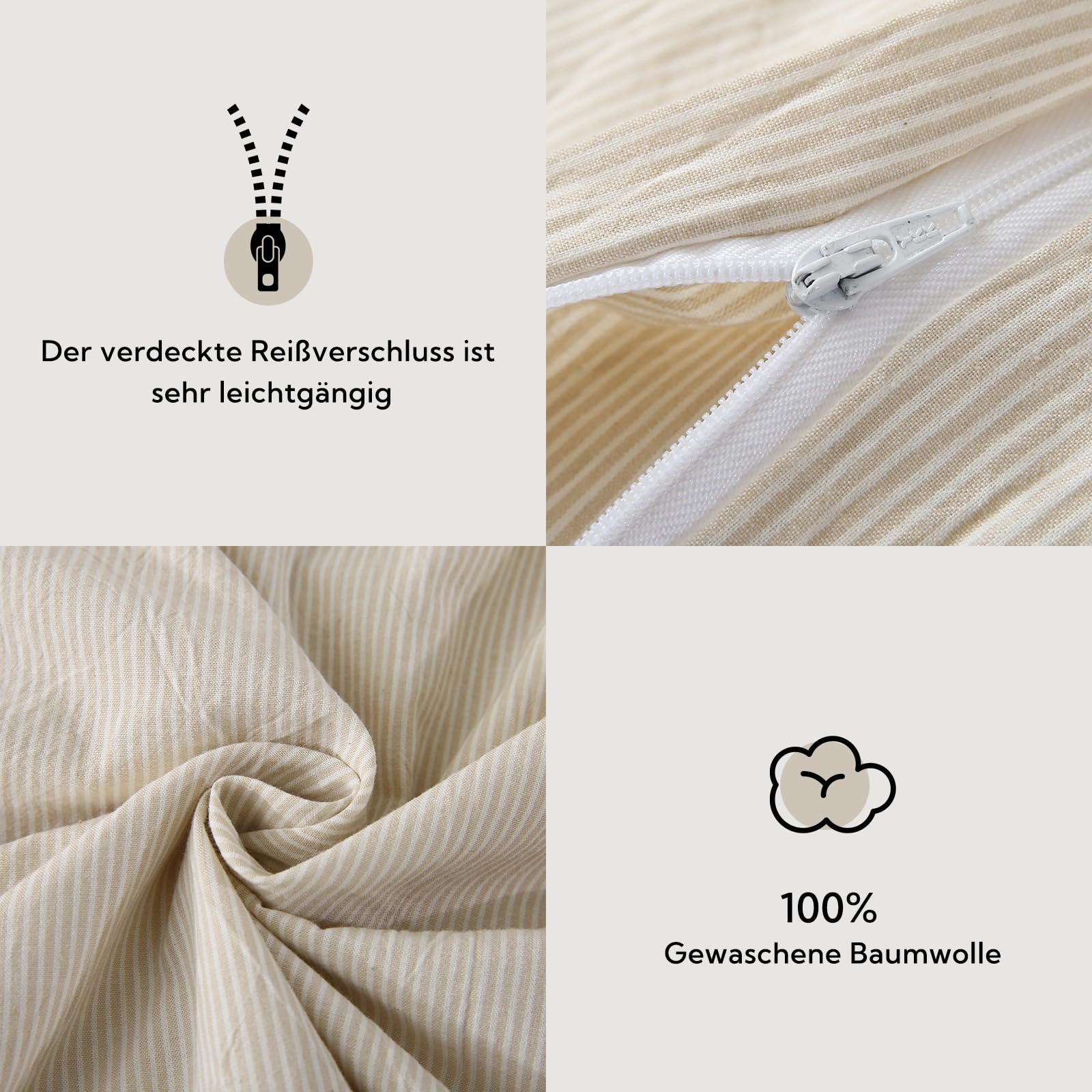 SOULFUL Kissenbezüge 40x80 Baumwolle Gestreift, 100% Gewaschene Baumwolle Beige Kissenbezüge öKotex Zertifiziert mit Reißverschluss