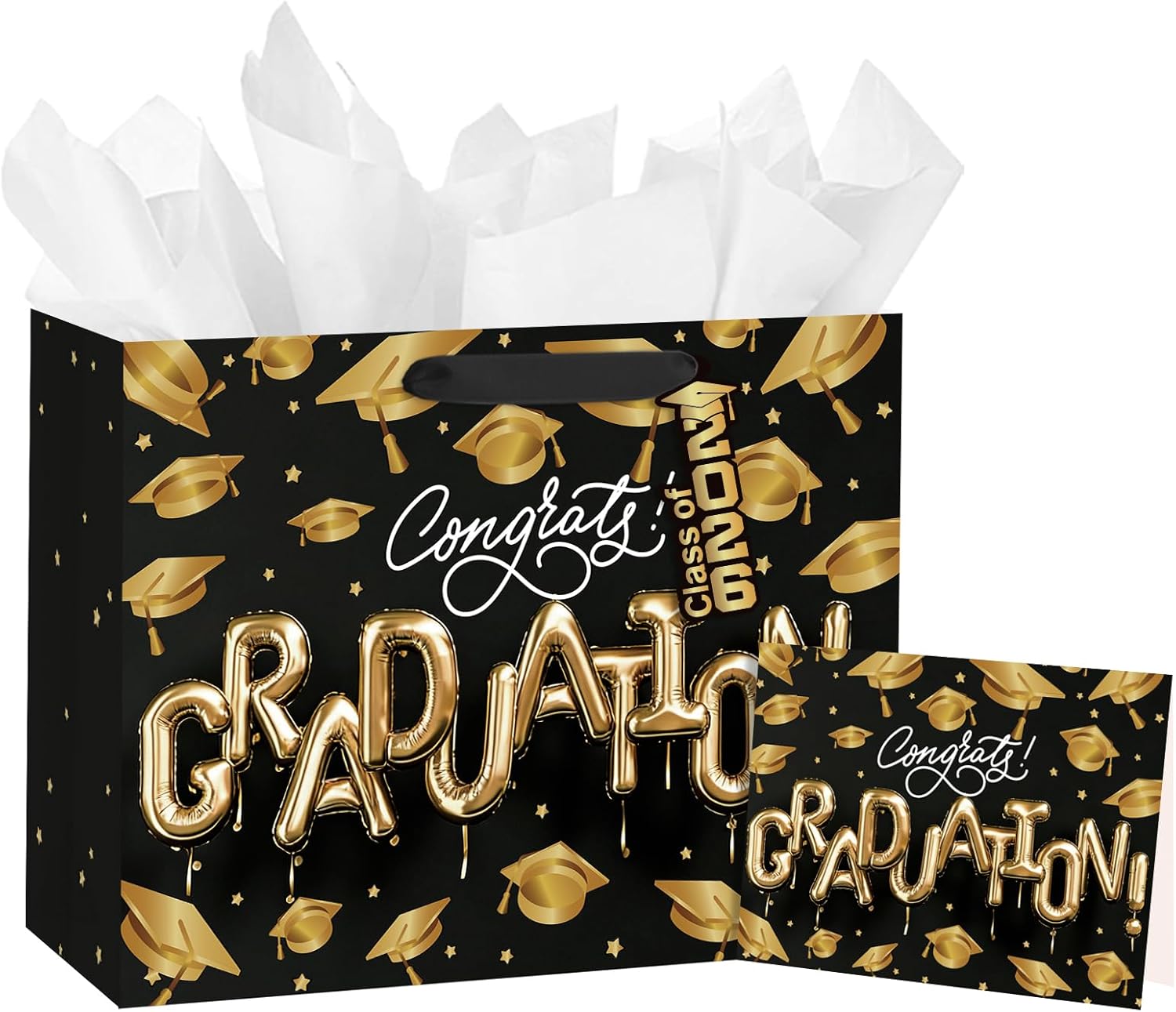 Loveinside 13" Large Graduation Gift Bag, Black Gold Congrats Graduation Balloon Letter Design Gift Bag with Tissue Paper, Elegant Party Bag for High School College Graduates, 13" x 5" x 10", 1 Pcs