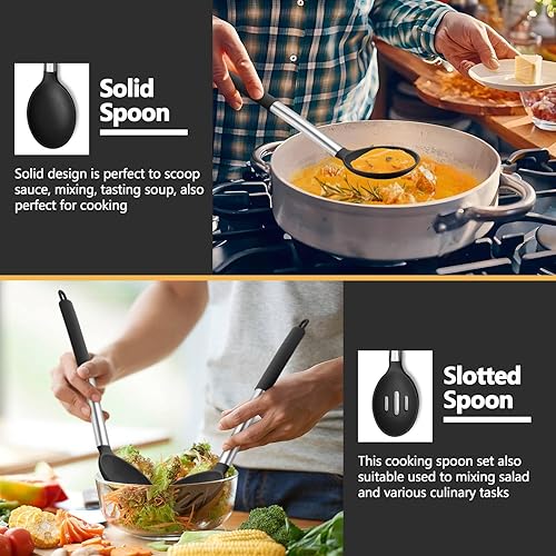 Miniatura 7 de P&P CHEF Juego de 4 utensilios de cocina negros de cocina, espátulas sólidas de silicona, cucharas ranuradas, giradores para utensilios de cocina