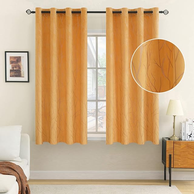 EMEMA Orange Velvet Curtains Branch Pattern 54 Inch drop Curtain Pair Eyelet Room Drapes for Living Room Kids Bedroom Nursery 46" W x 54" L 117x137 cm 2 Panels