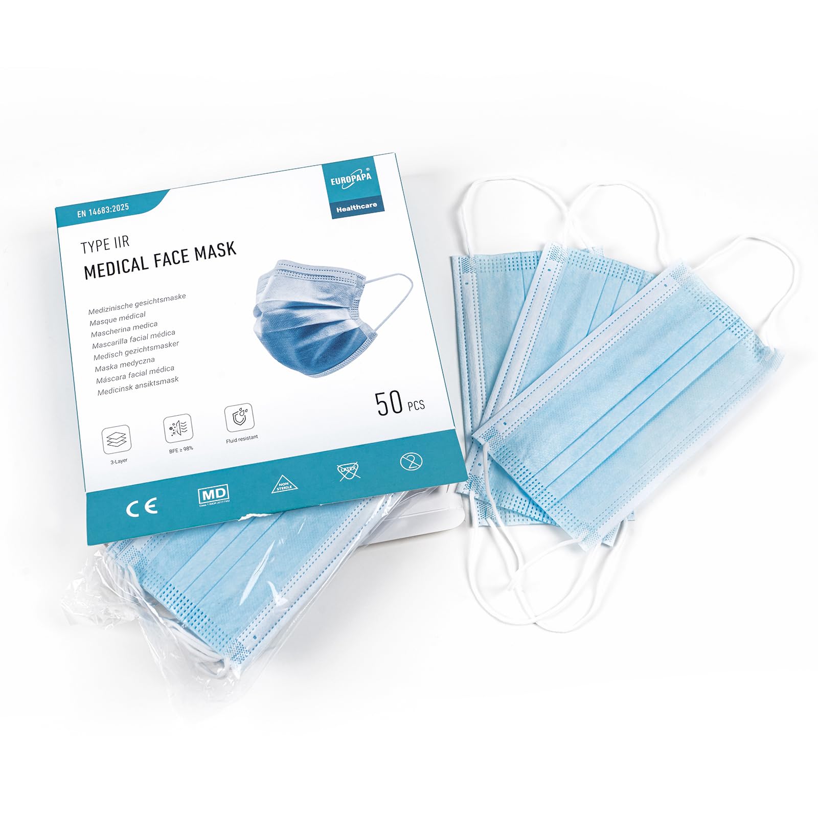 EUROPAPA® Blau Medizinisch Type IIR Norm EN14683 TÜV CE zertifizierte Mundschutzmasken OP Masken 3-lagig Mundschutz Gesichtsmaske Einwegmaske BFE ≥ 98%, 10 Box (500 Stück)