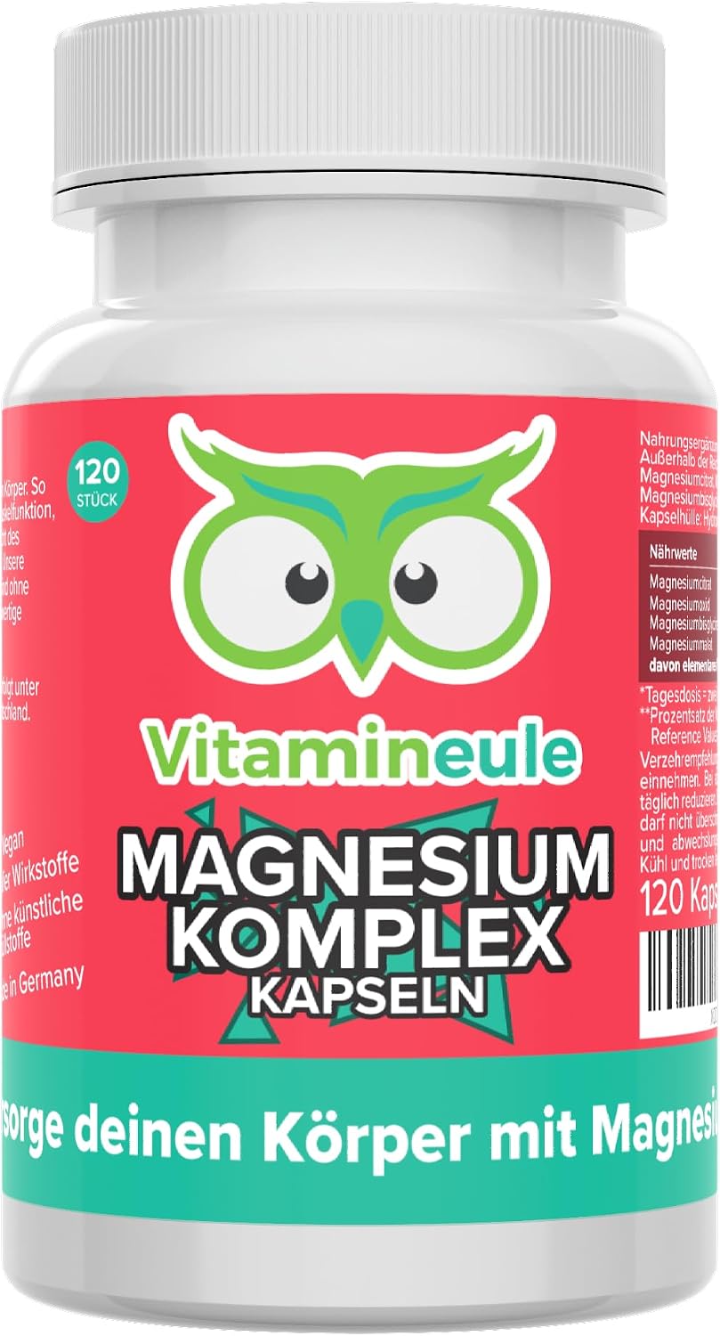 Magnesium Complex Capsules   High Dose 400 mg per Day   4-Way Active Ingredient Citrate Oxide Bisglycinate Malate   Bioactive & Vegan   Production in Germany   for Adults and Children Vitamineule
