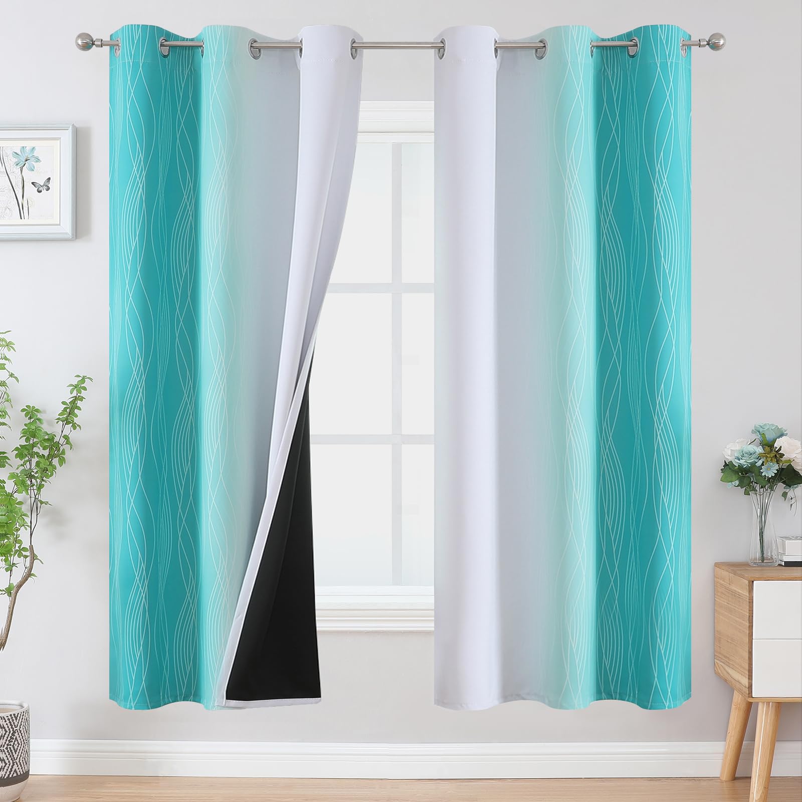 Estelar Textiler Teal and Greyish White Ombre Blackout Curtains 72 Inches Length for Bedroom, Thermal Insulated Light Blocking Grommet Gradient