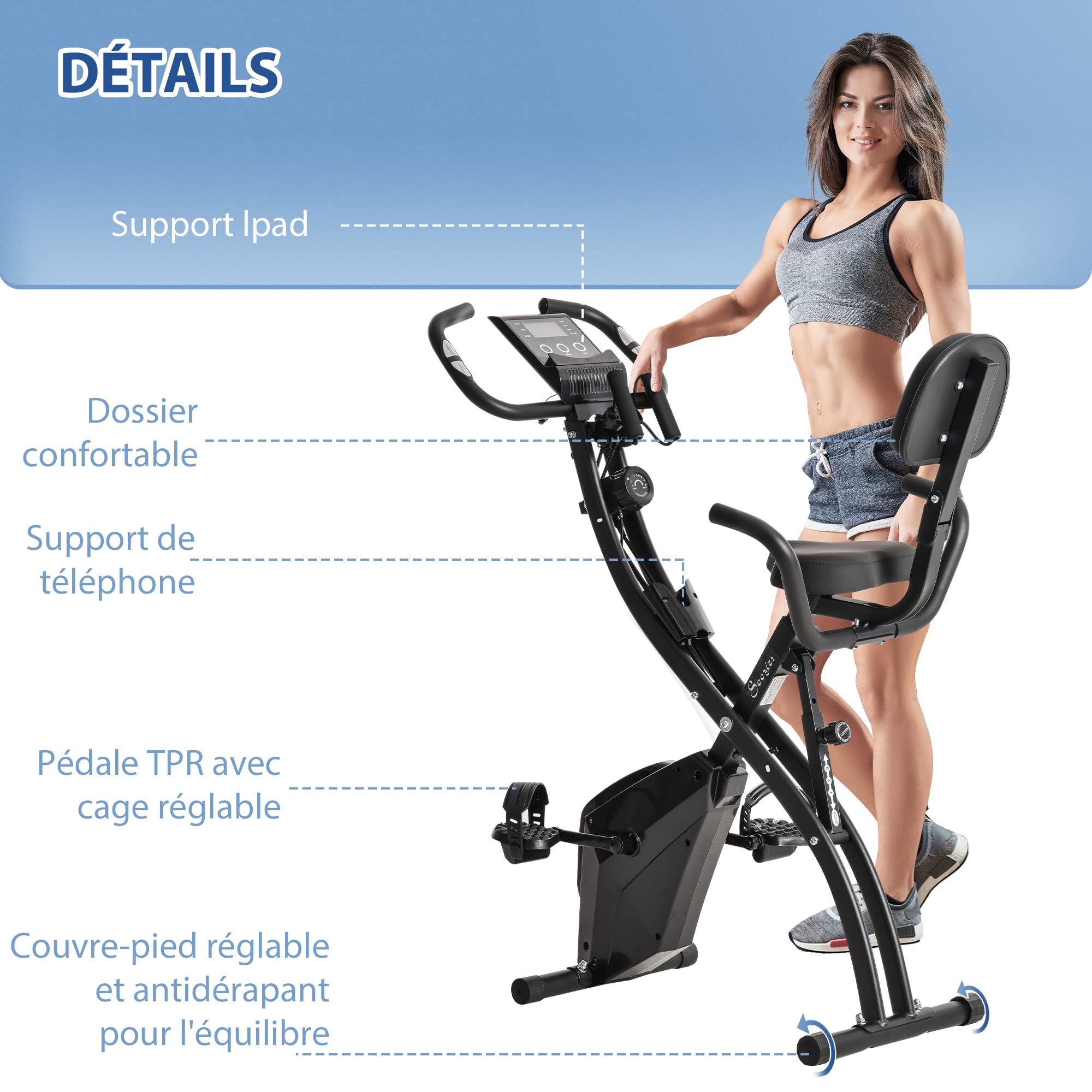 HOMCOM Składany rower treningowy, rower treningowy, domowy czas dla dorosłych, 8 poziomów oporu magnetycznego, ręczny czujnik pulsu, wielofunkcyjny wyświetlacz LCD, regulowane siodełko, stal