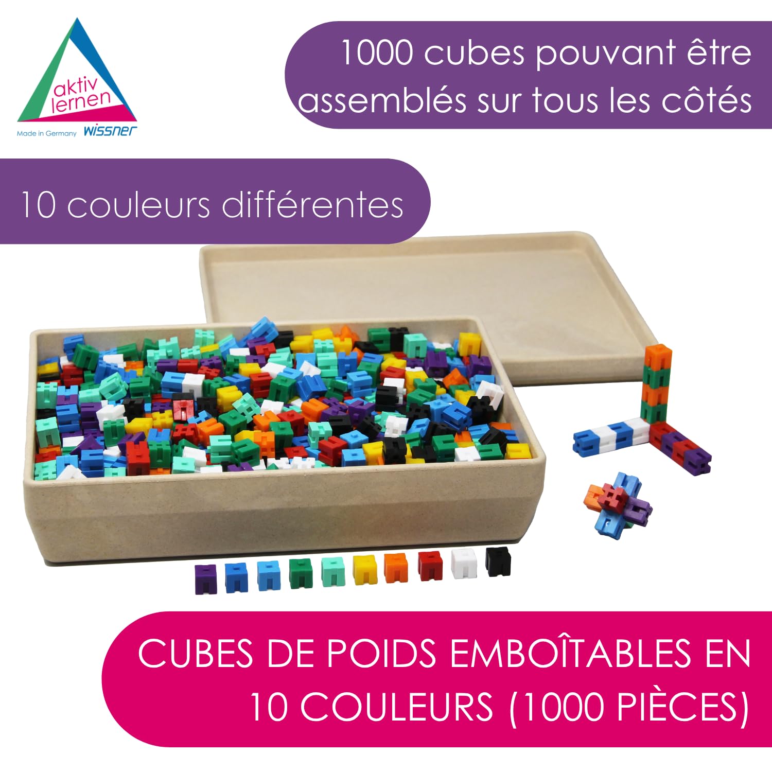 Wissner® Apprendre activement - Cubes à Poids emboîtables en 10 Couleurs (1000 pièces) - RE-Plastic