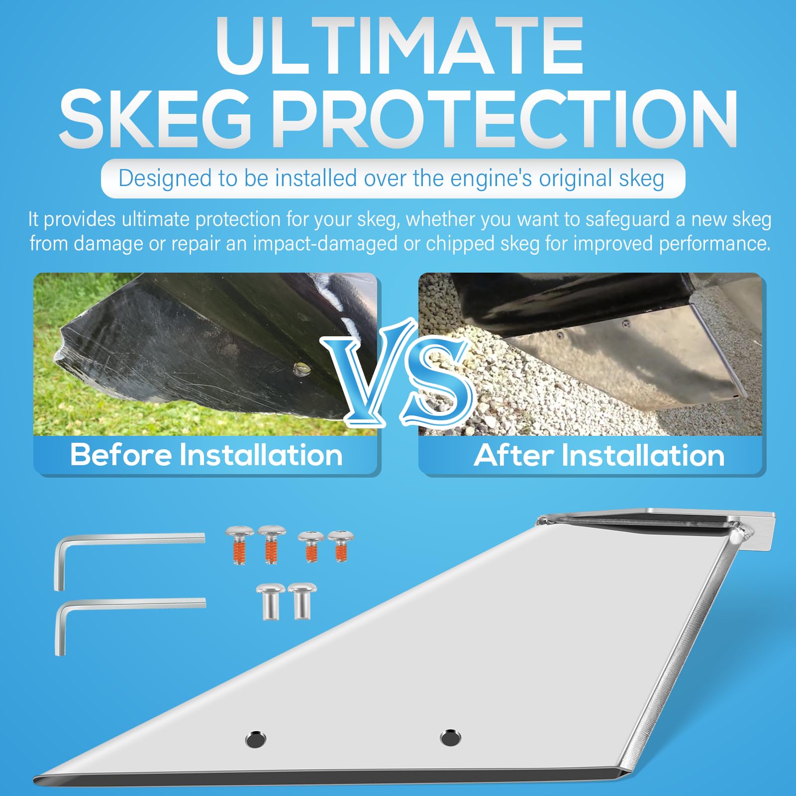 27071 Skeg Guard Safe-Skeg Kit de protection en acier inoxydable de qualité marine pour Mercury, Force, Honda, Nissan/Tohatsu