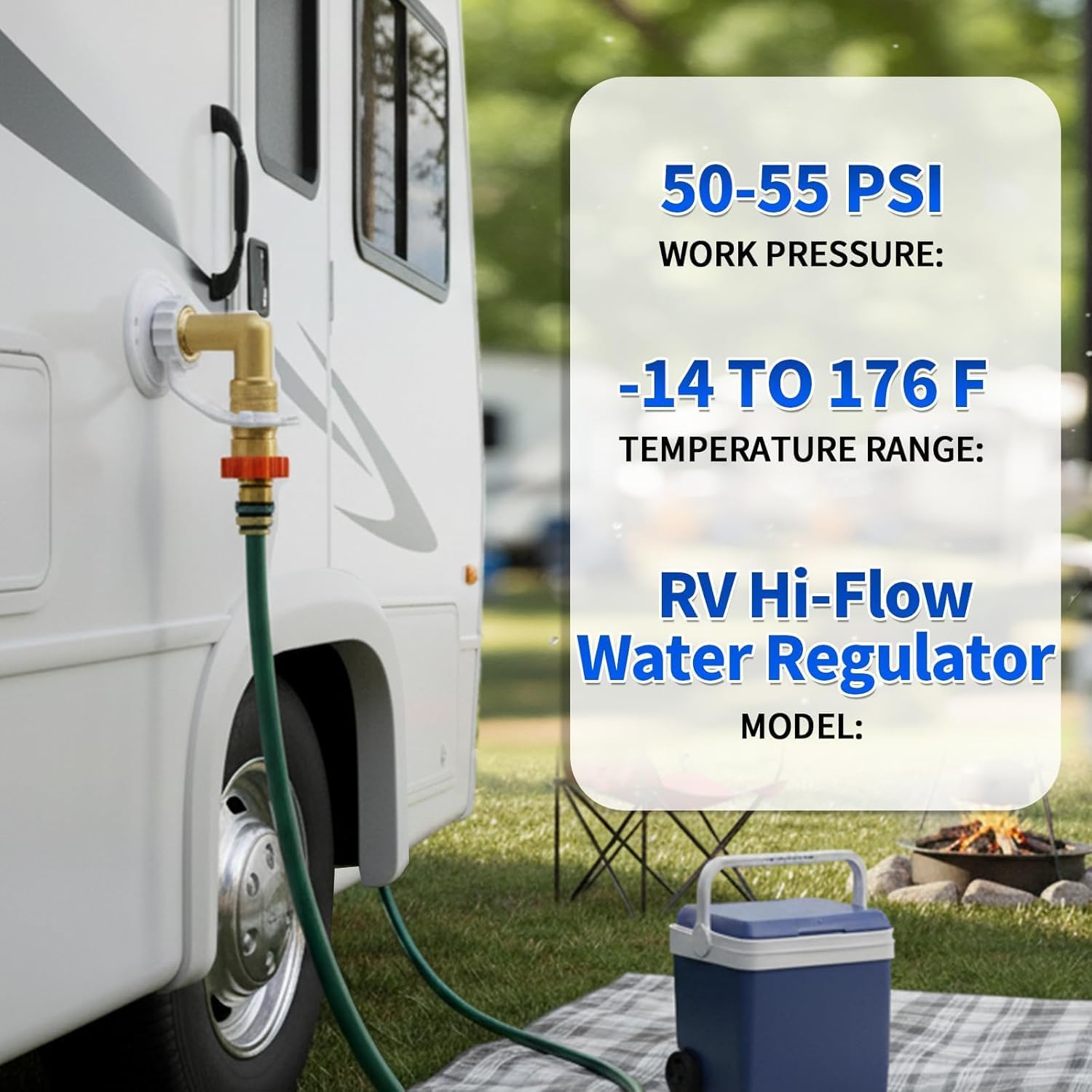 RV Water Pressure Regulator with 90 Degree Hose Saver, 50–55 PSI Lead-Free Brass Water Pressure Reducer, 3/4 GHT Inline Garden Hose Regulator for Camper, Trailer, RV Plumbing System