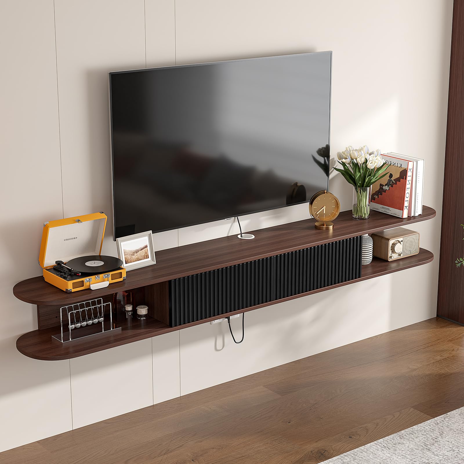FloatiCasa Floating TV Stand,70'' Wall Mounted TV Stand Floating TV Unit Media Console Shelf with 2 Flip-Down Cabinet Doors and 2 Open Shelves for Bedroom, Livingroom, Media Room, Office, Walnut+Black