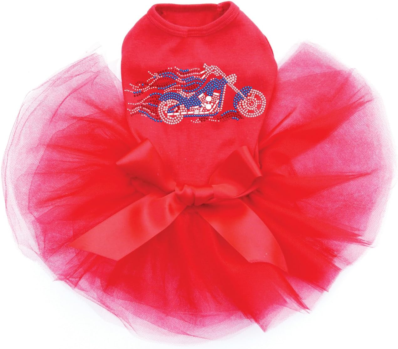 Motorcycle - Large Red, White, & Blue with Flames - Bling Rhinestone Patriotic Dog Tutu Dress, 2XL Red