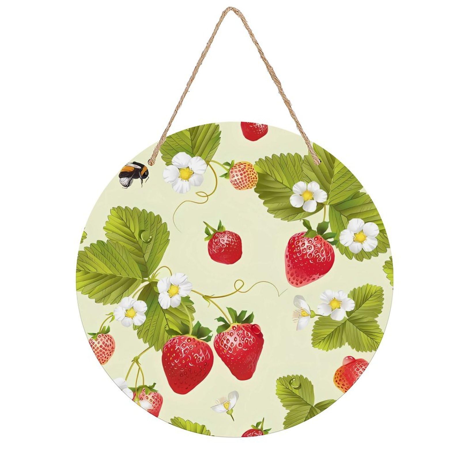 FekiLoot Lovely Strawberry Wall Art Decor Rustic Welcome Sign Round Wood Hanging Sign Decoration Wood Plaque Door Hanger Wooden Signs Wall Hanging Decor Housewarming Gift for Home Outdoor Indoor