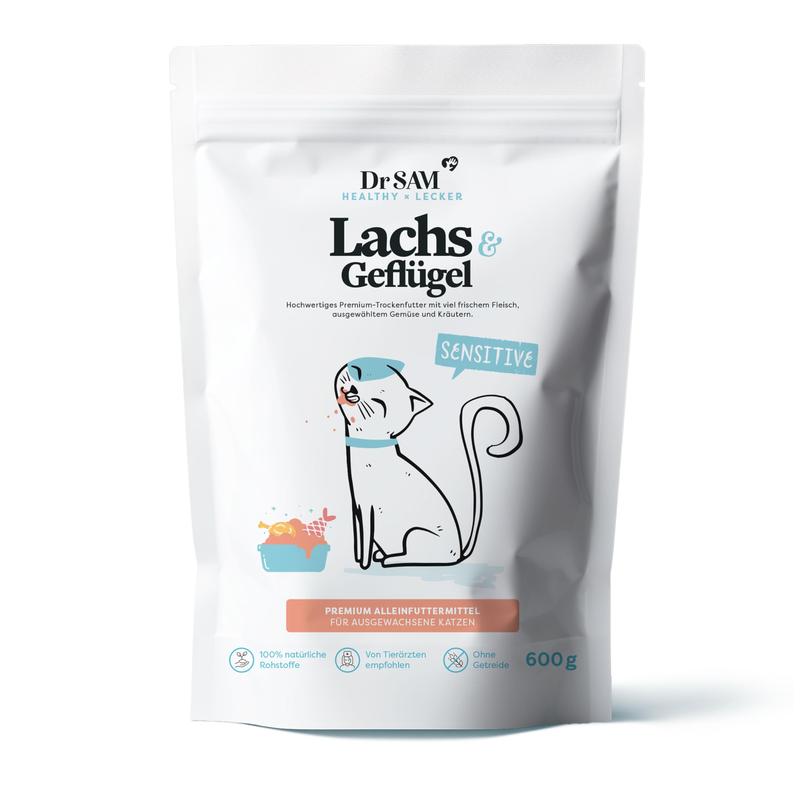 Dr. SAM Premium Trockenfutter für ausgewachsene Katzen - Lachs & Geflügel Alleinfuttermittel mit Reis und Kartoffeln fördert Zahnpflege und gesundes Fell - Gluten-& getreidefrei - Dry cat Food - 600g
