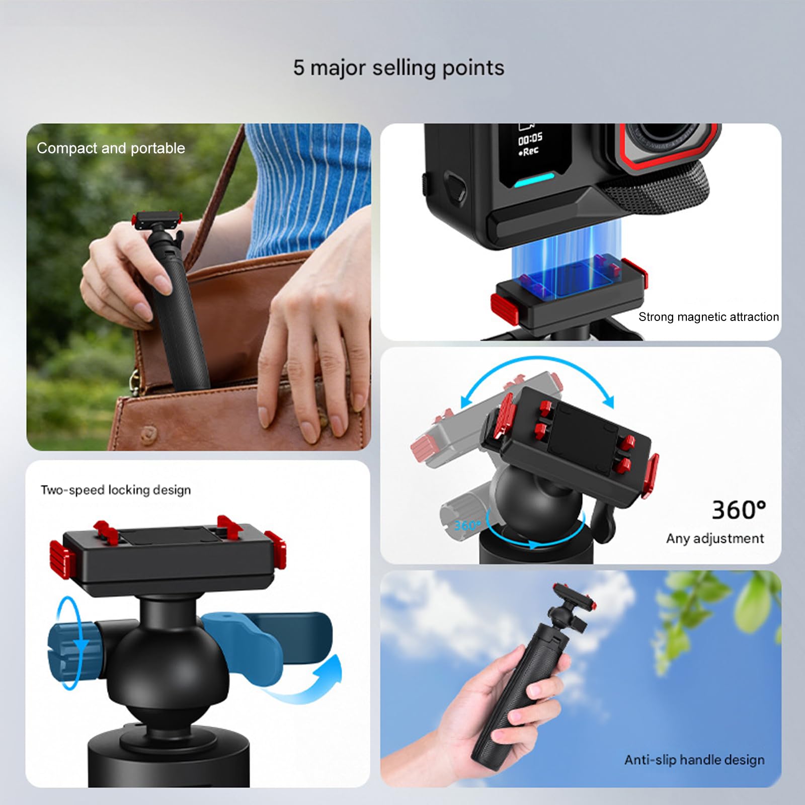 Trípode de liberación rápida con cabeza de bola de 360 grados, altura ajustable, barra extensible de repuesto para cámara de acción, soporte de liberación rápida