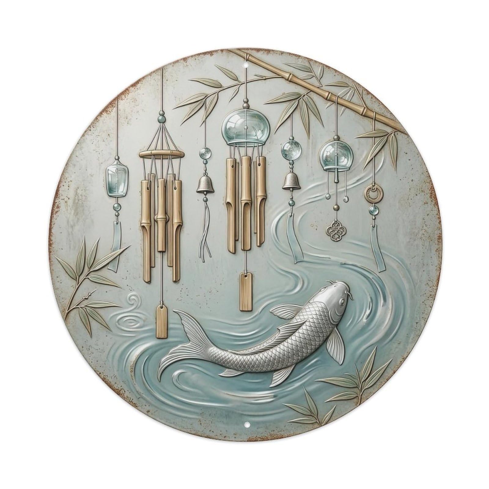 Wind Chime Melody Koi Fish Metal Tin Sign Plaque Wall Decor for Cafe, Club, Garden Round Metal Poster 8x8Inch