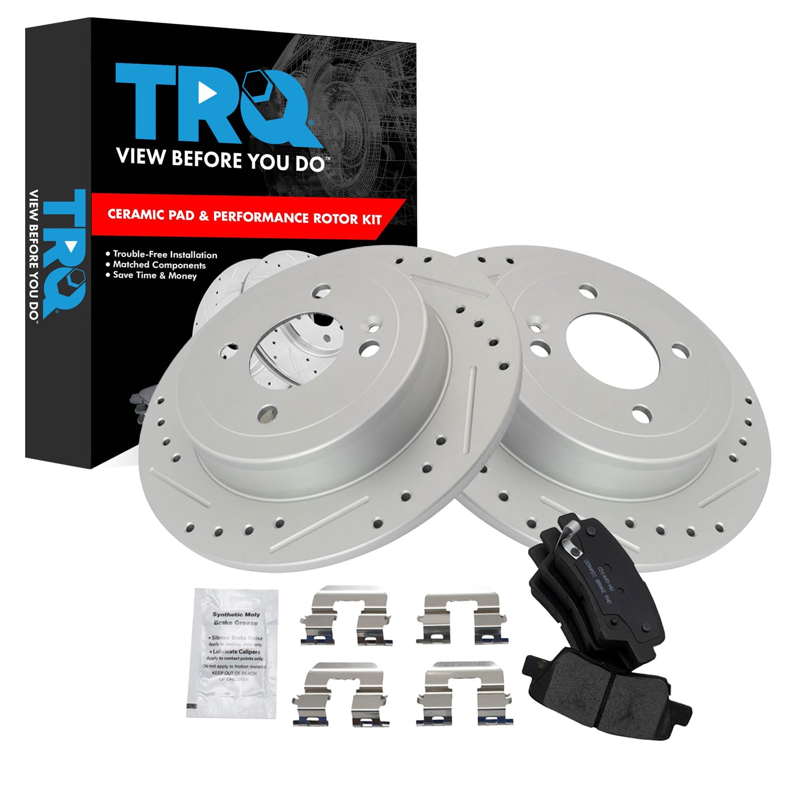 TRQ Performance Rear Brake Pad and Rotor Set Ceramic Drilled Slotted Coated Rotors Compatible with 2012-2017 Hyundai Accent 2012-2017 Kia Rio