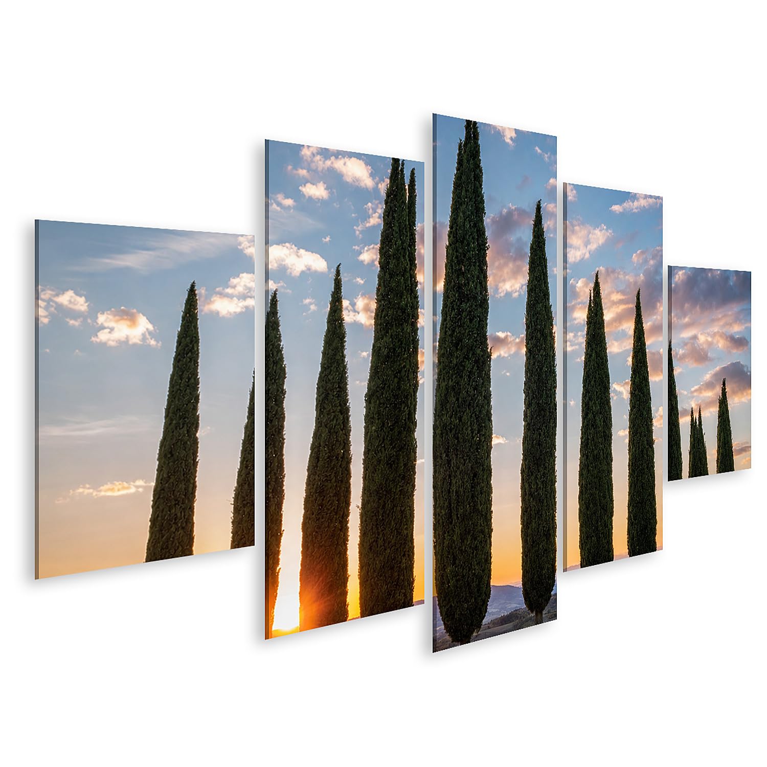 islandburner Quadro su tela, cipresso maestosi in rosso serale, da parete, per soggiorno, per gli amanti della natura, 5 pezzi