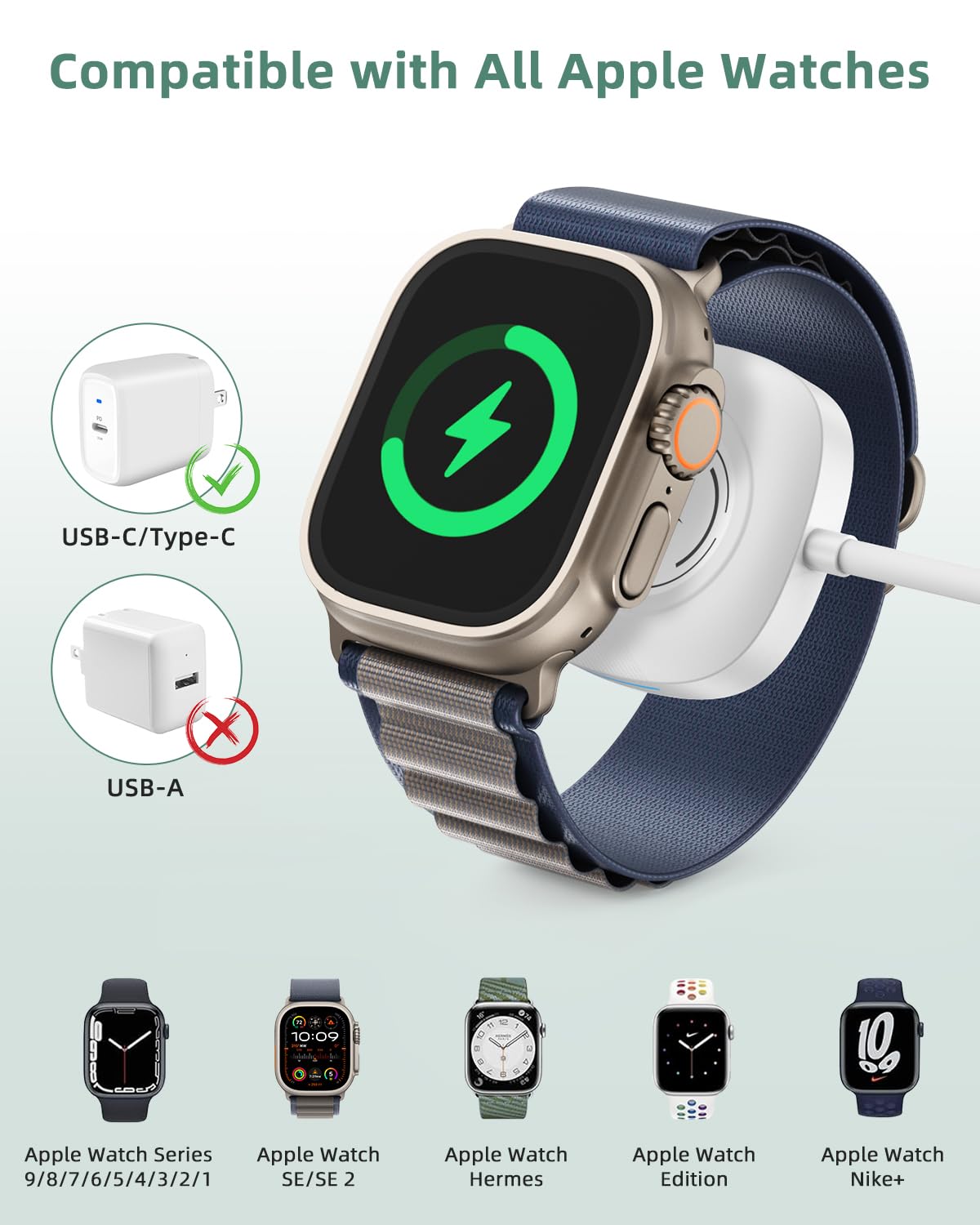 ???????????????? ???????????????????????????????? for Apple Watch Charger Magnetic Fast Charging Cable [USB C ] Magnetic Wireless Charging Compatible with iWatch Series Ultra/10/9/8/7/6/SE/5/4/3/2-[3.3FT] White