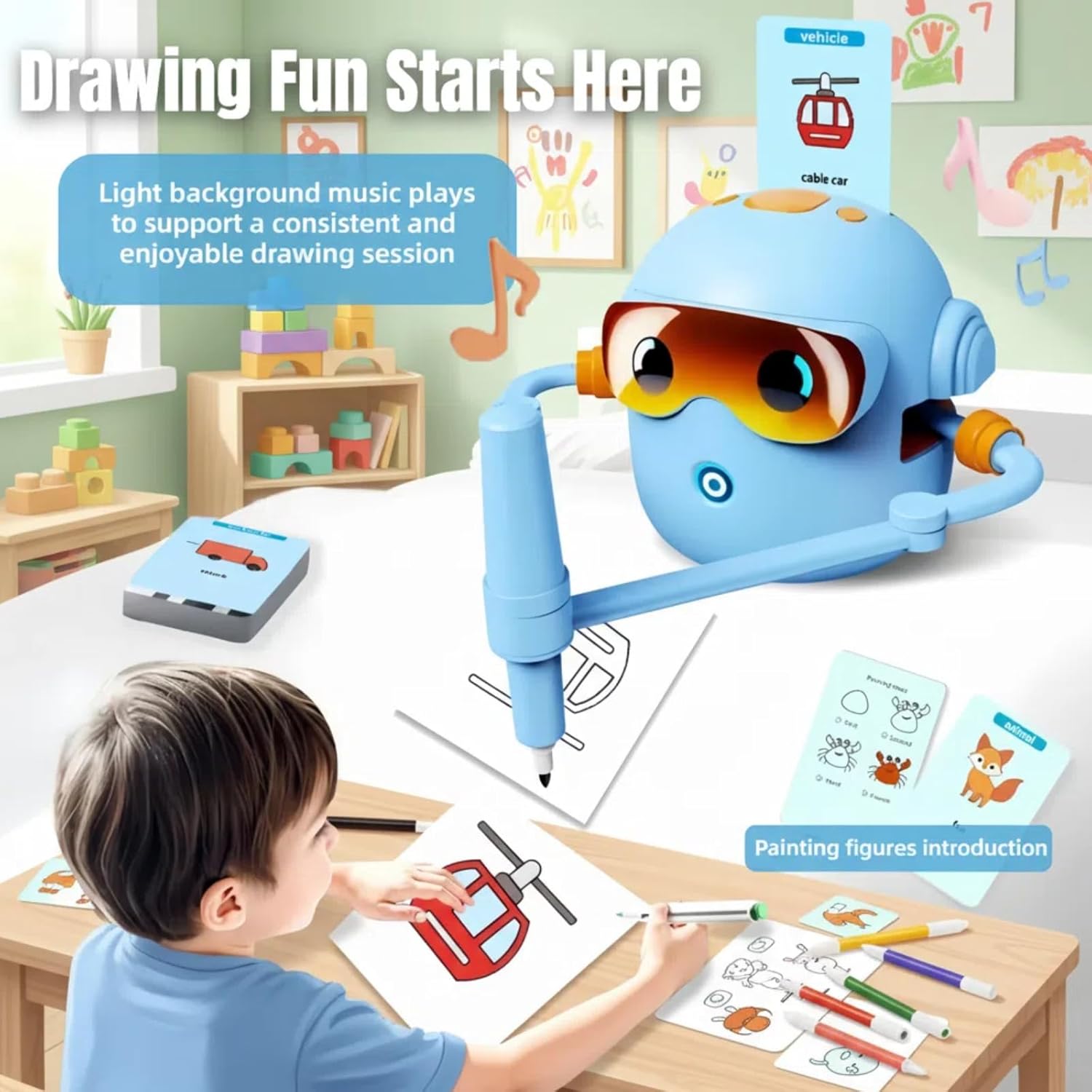 Silanit Automated Drawing Robot with Cards & Templates, Drawing Robot for Kids and Beginner, Reliable Sketch Assistant, Blue