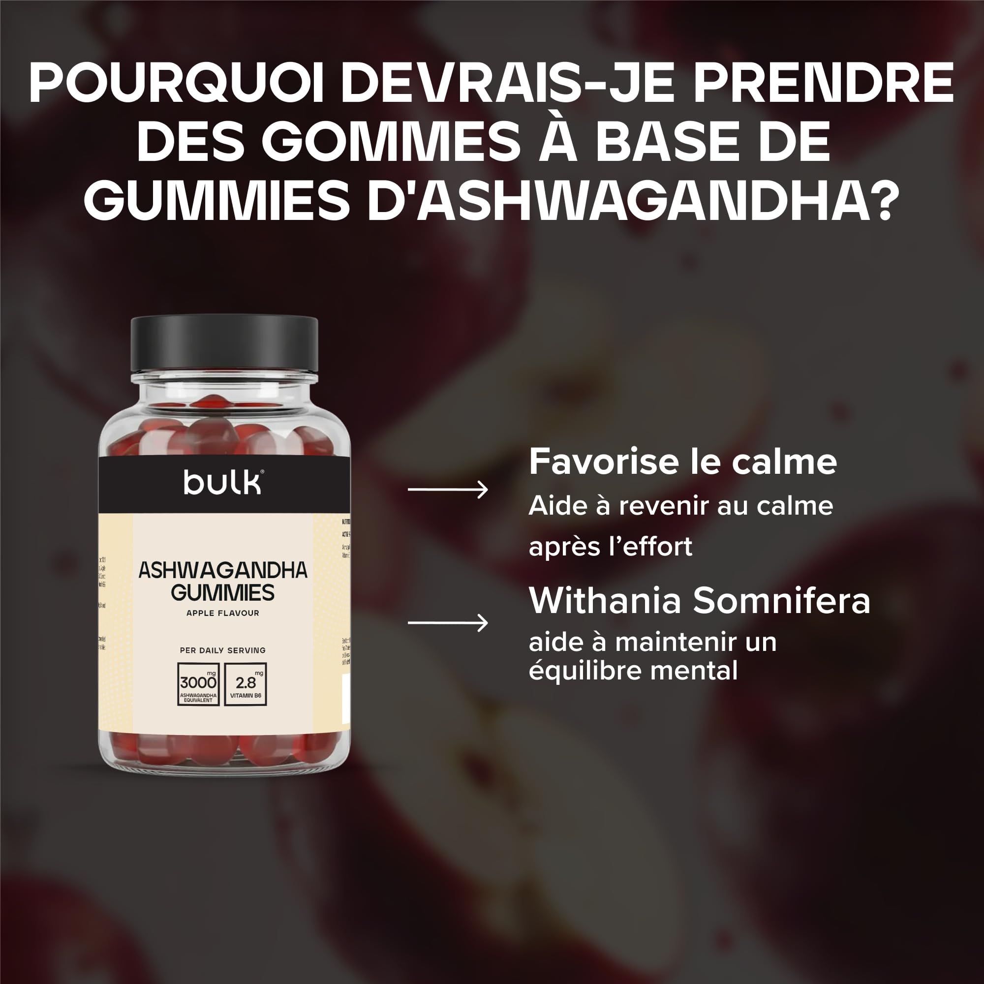 Bulk Gummies d’ashwagandha, 3000mg, Pomme, 60 Gummies