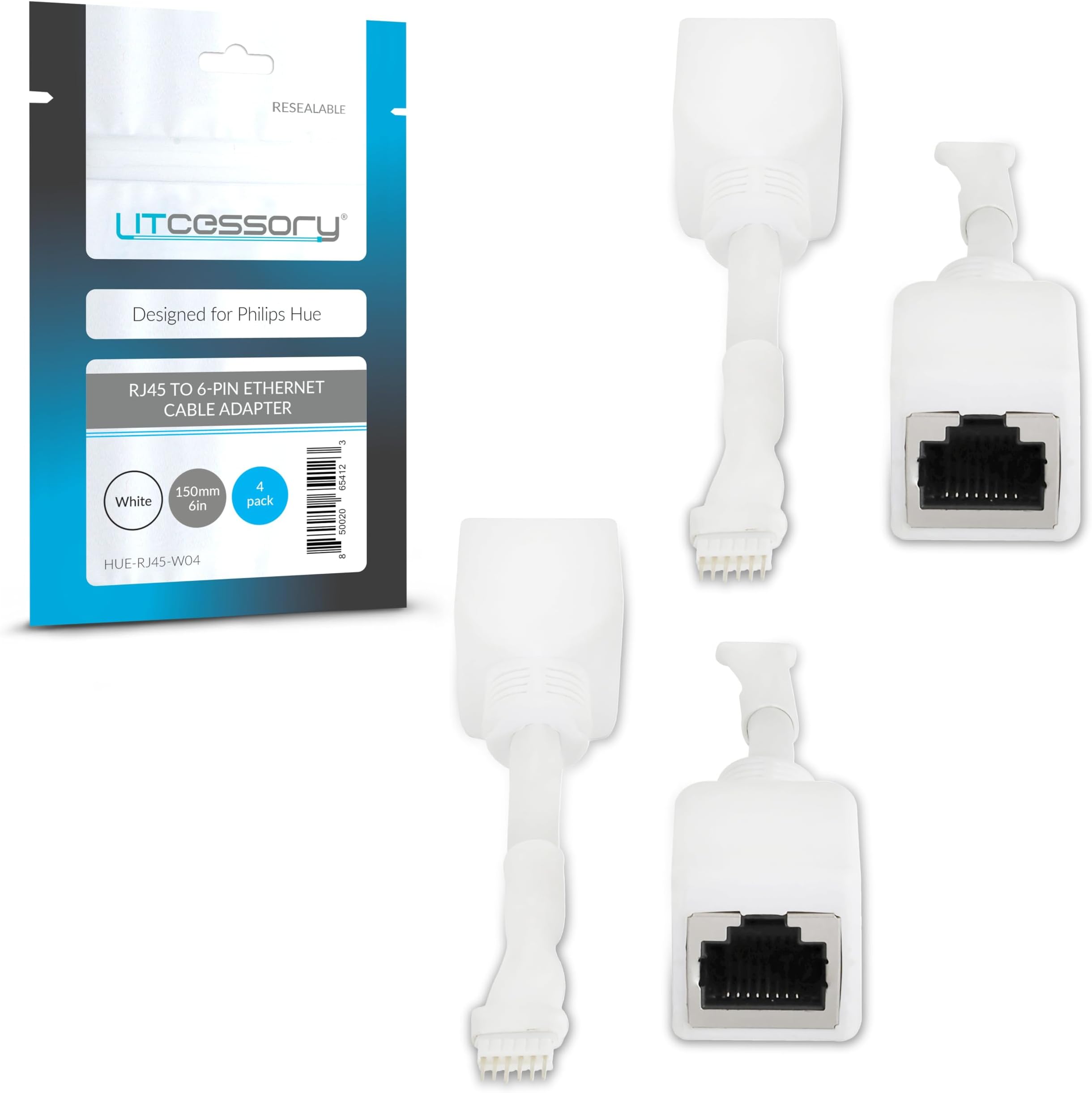 Litcessory RJ45 to 6-Pin Ethernet Cable Adapter for Philips Hue/Solo Lightstrip (4 Pack - Two Pairs, White - MICRO 6-PIN V4 / Solo Lightstrip)
