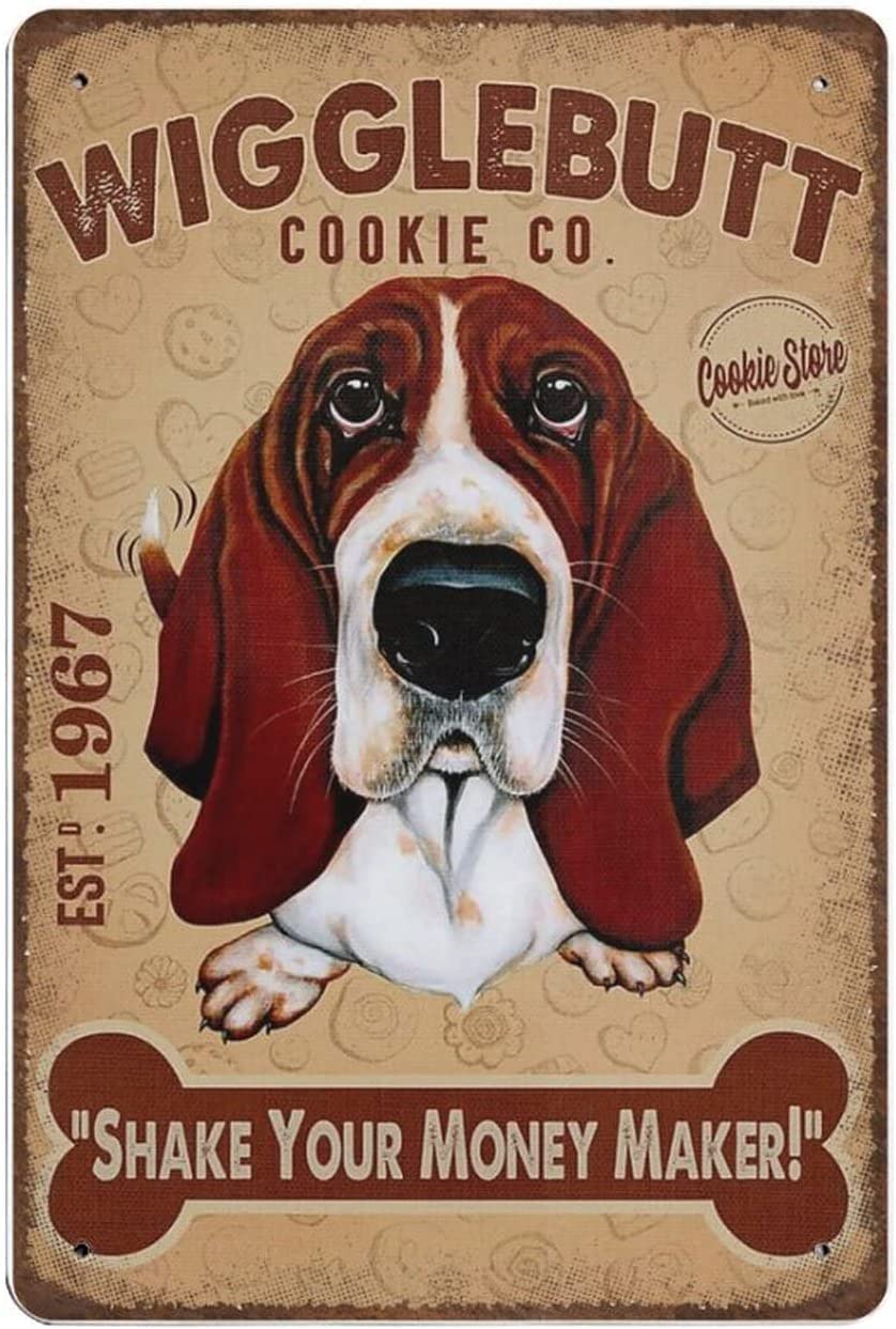 Metal Tin Sign Durable Thick Collectable Basset Hound Wiggle Butt Cookie Tin Sign Wall Poster Decor Funny Retro Bar Coffee Pub Gift Wall Decor Sign 8x12 Inch