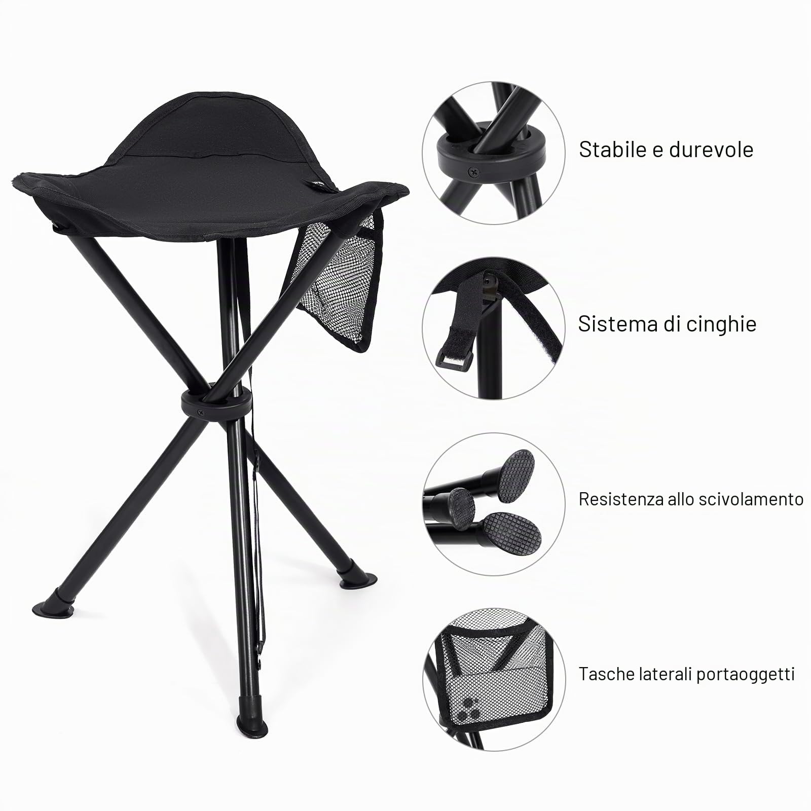 EVER ADVANCED Sgabello pieghevole da campeggio ultraleggero, 53,3cm altezza, 102 kg carico con tasca laterale, per campeggio, caccia, escursionismo, pesca, nero
