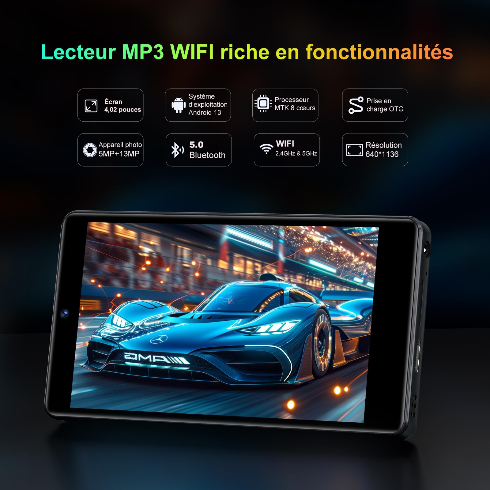 Lecteur MP3 96 Go avec Bluetooth WiFi, Lecteur MP4 4,02 Pouces avec Appareil Photo et Haut-Parleur, lecteurs MP3 Android 13 avec Spotify Kids, Audible, Deezer, Play Store