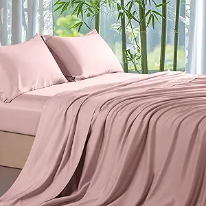 Shilucheng 100% Viscose Derived from Bamboo_ Sheets Queen Size 4pcs - Ultra Cooling & Silky Soft Bed Sheets, 16" Deep Pocket, Perfect for Hot Sleepers, Hotel Bedding Sheets (Light Pink)