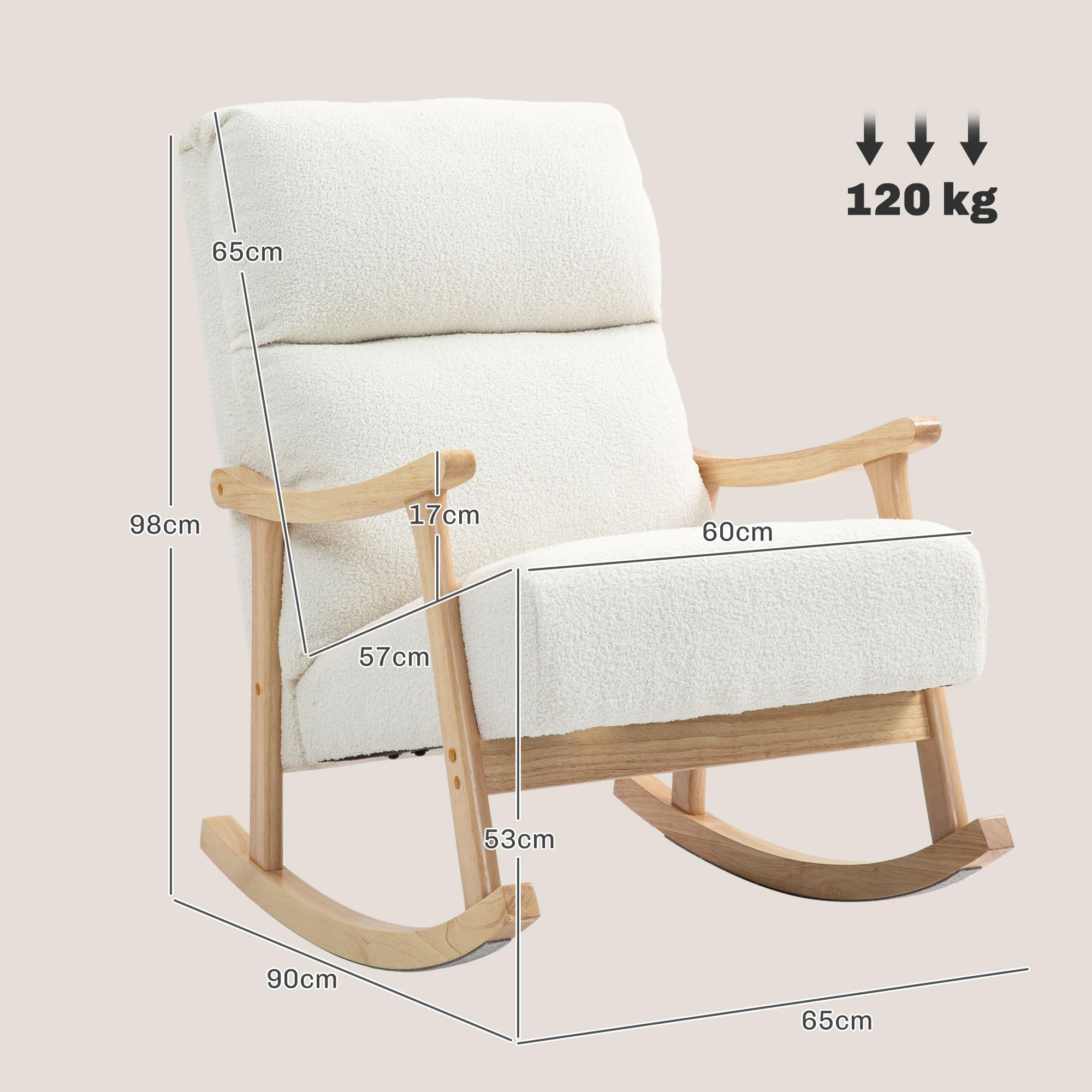 HOMCOM Fauteuil à Bascule en Velours Teddy avec Assise rembourrée, Dossier Ergonomique, accoudoirs, Rocking Chair Pieds en Bois d'hévéa pour Salon ou Chambre, crème