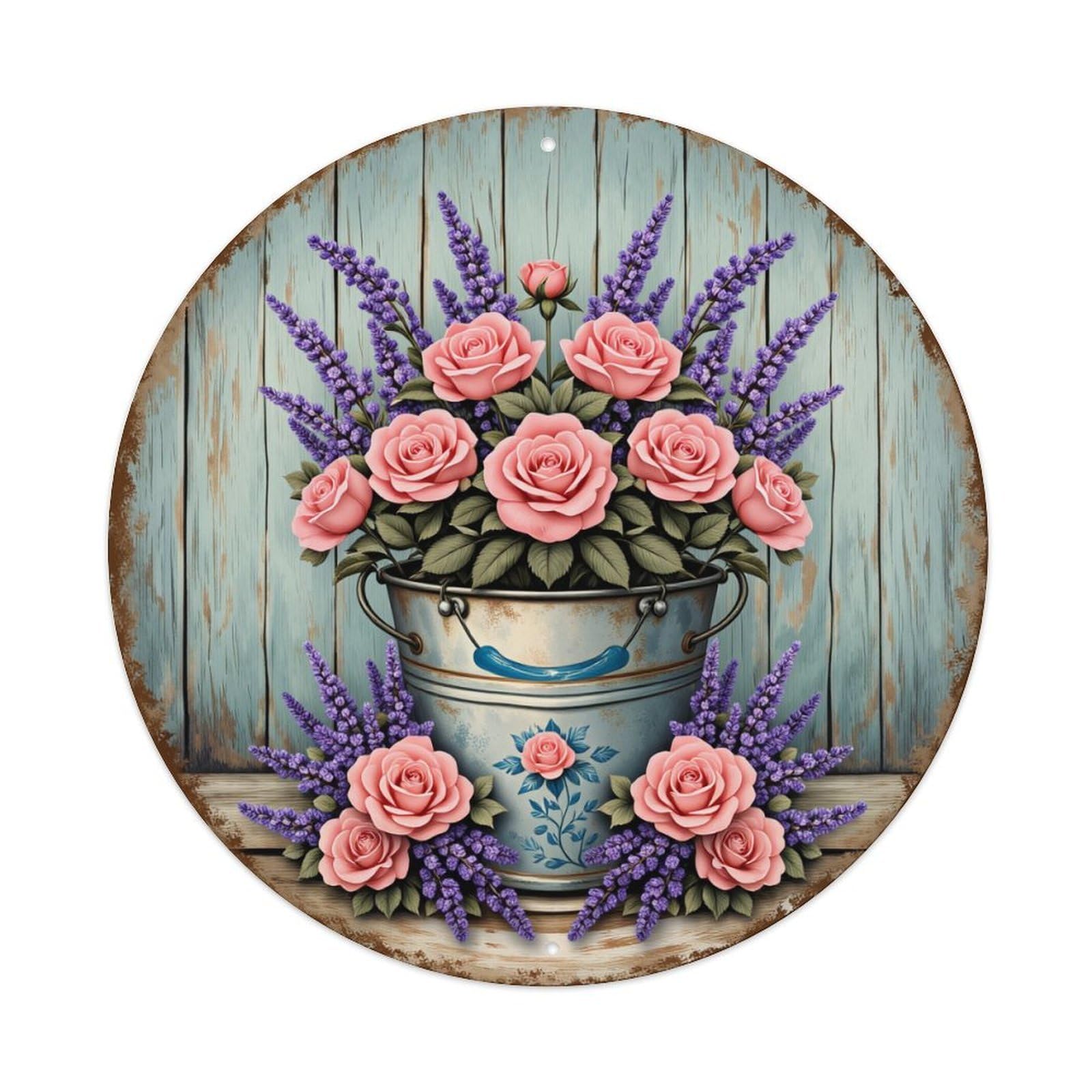 Roses Lavender Bucket Floral Pattern Round Metal Tin Sign Vintage Wall Decor, Bar Garage Cafe Kitchen Home Wall Art Poster 8x8inches