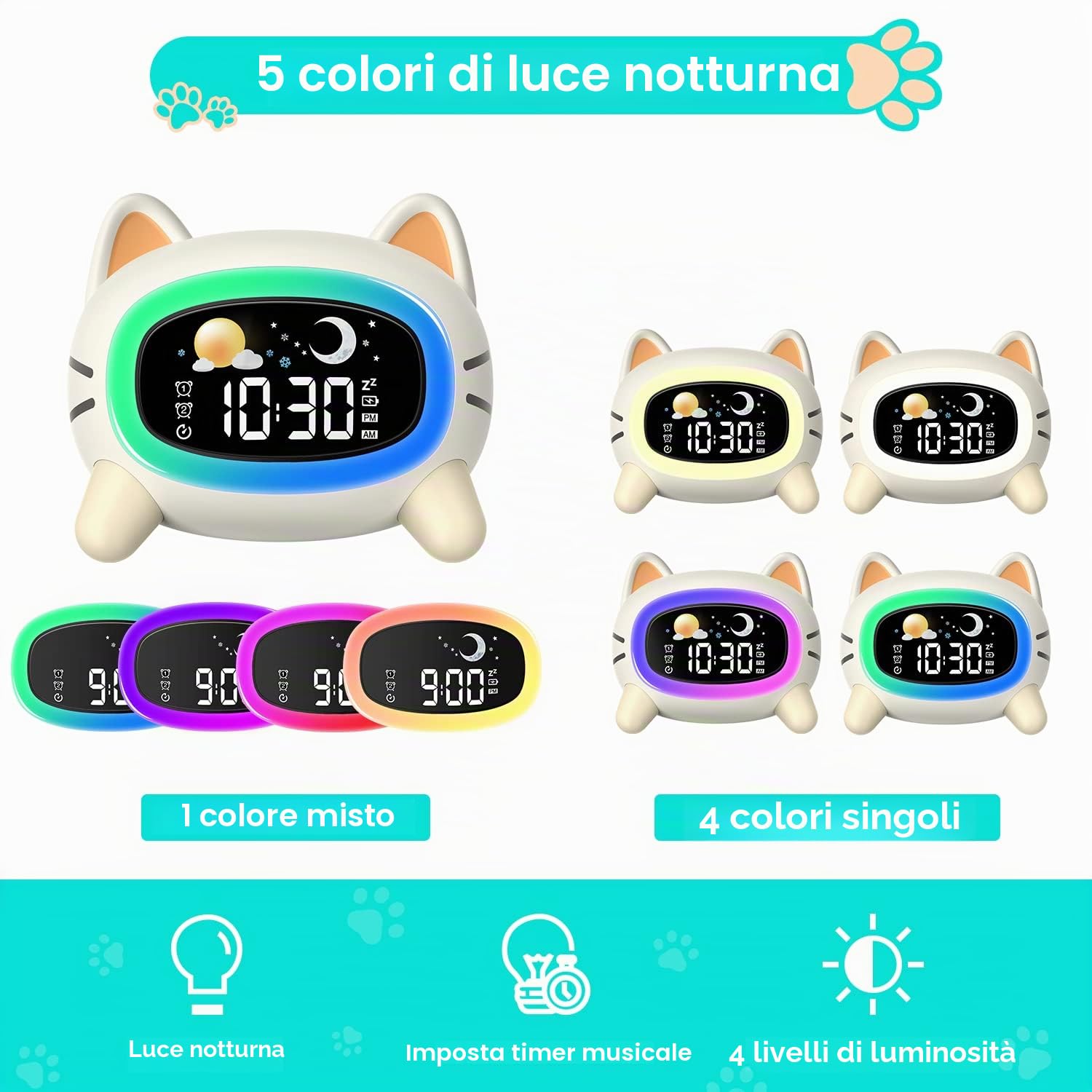 LEMNOI SG5 Sveglia per Bambini, 3 Luminosità 5 luce notturna 7 Musica, Sveglia Digitale per Bambini, Funzione di Ricarica, sveglia da comodino digitale, allenamento del sonno per i bambini (gatto)