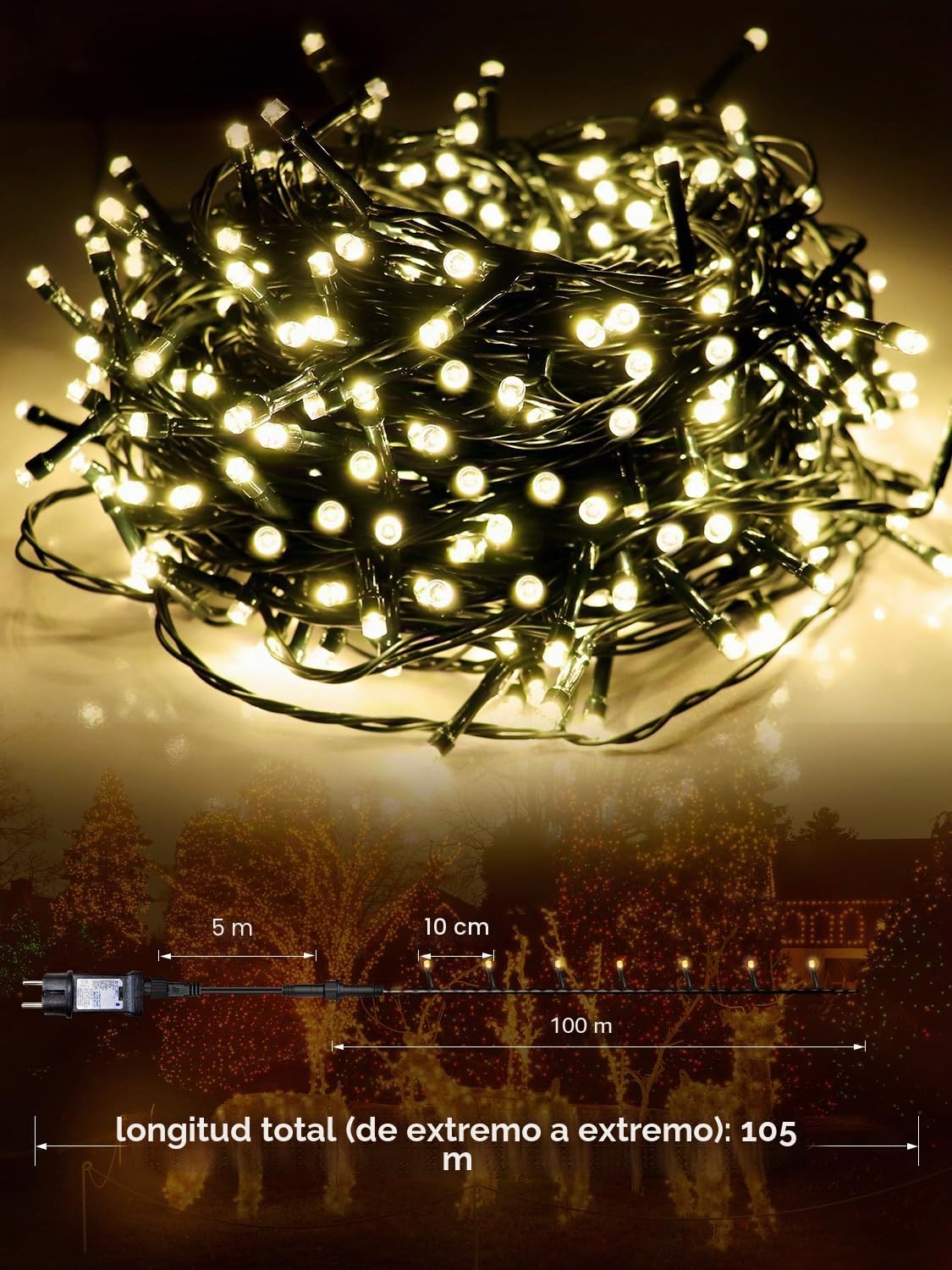Luces Navidad Exterior 105M 1000 LED Guirnalda Luces Exterior Blanco Cálido | Control Remoto, Temporizador, 8 Modos, IP65, Luz Arbol Navidad Exteriores y Interior, para Fiesta Jardín Balcón