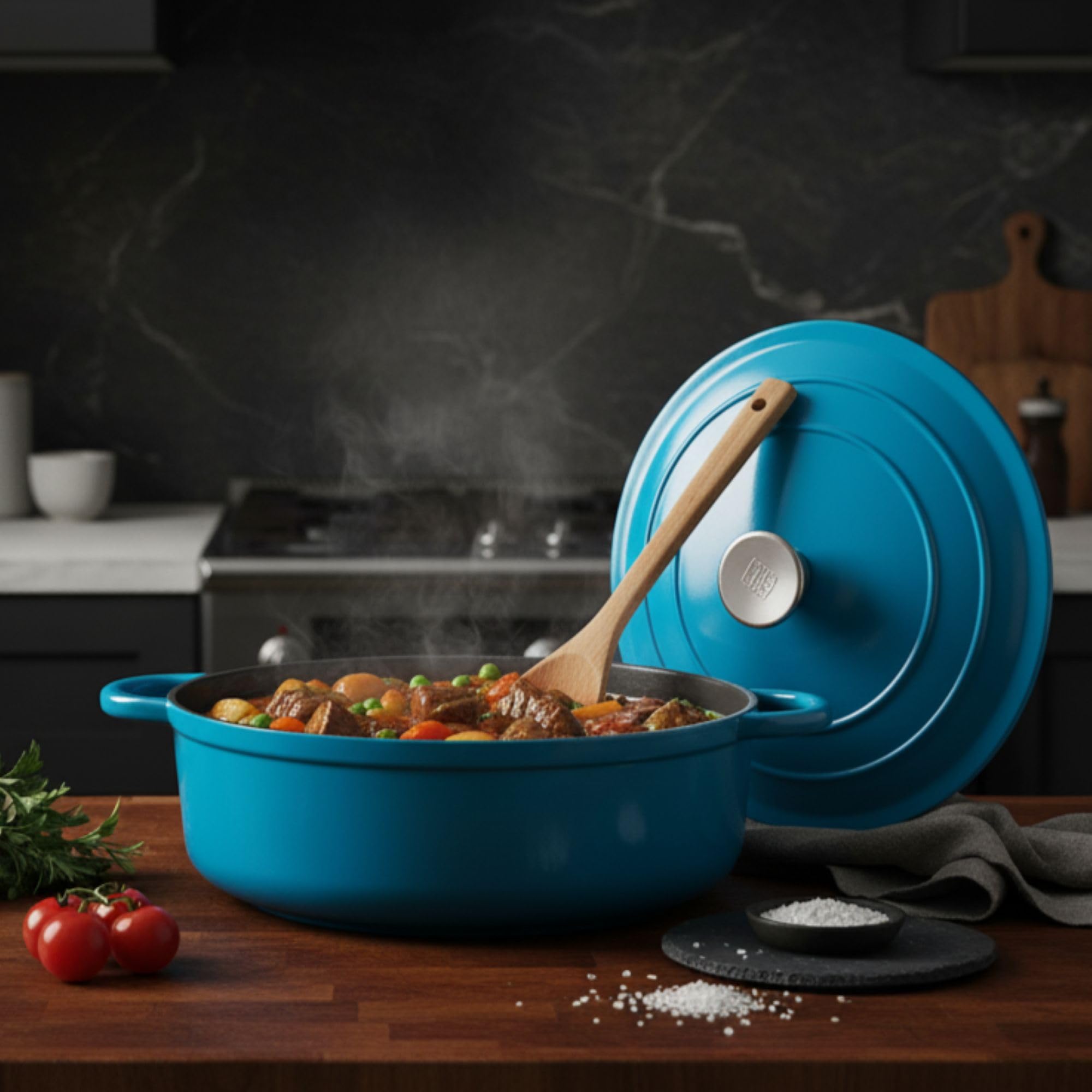 The Better Home Rustic Series Cast Iron Dutch Oven (3.4L) | Enamel Coated Biryani Handi Pot Heavy Bottom | Handi With Lid For Cooking | Rust Proof Iron Pot | Gas & Induction Cookware (Blue (Broad))