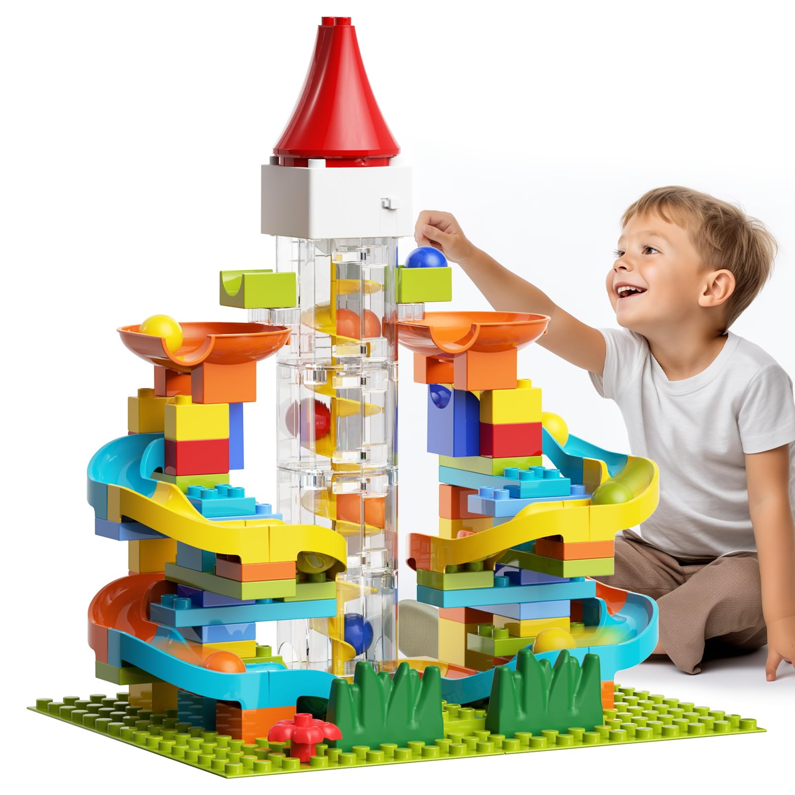 burgkidz Electric Marble Run with Automatic Elevator Lift - STEM Building Toy for Kids Ages 4-8, 102 PCS Construction Set with 10 Marbles &