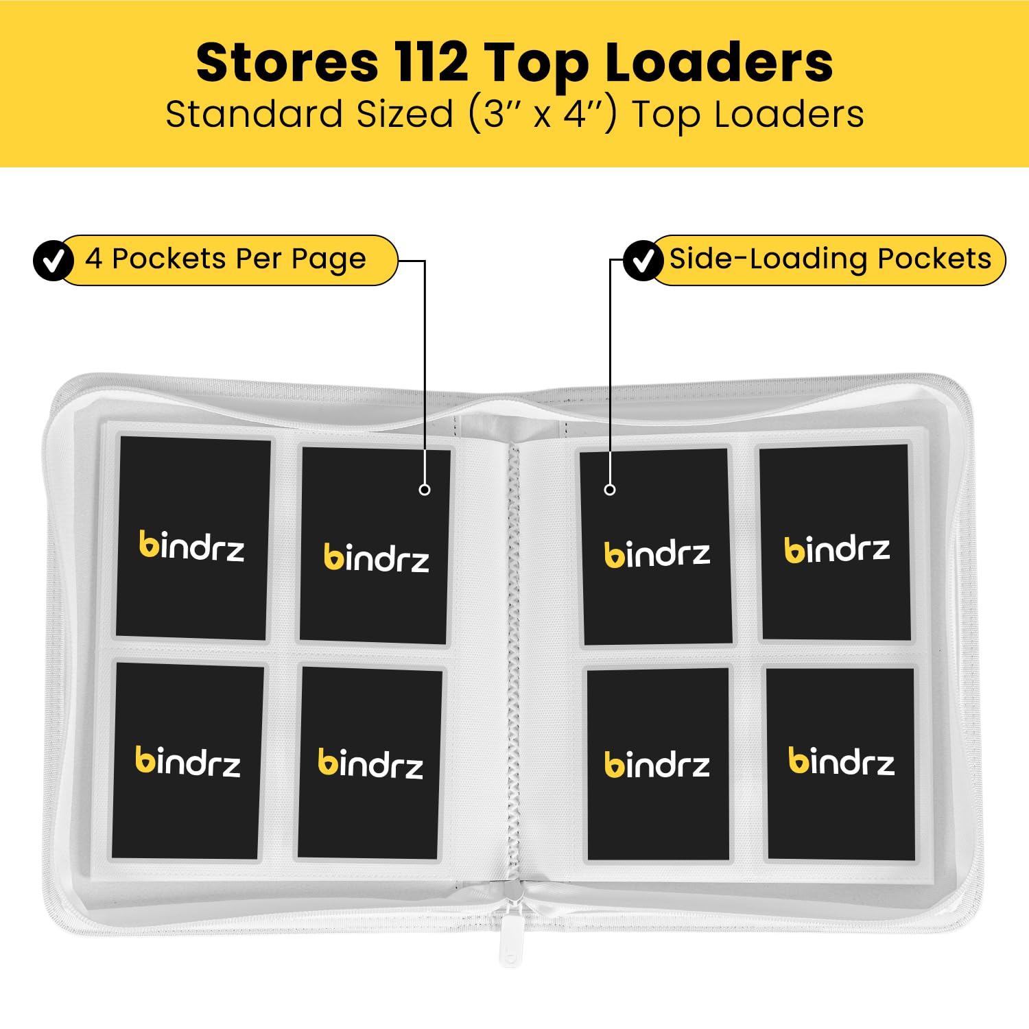 bindrz Classeur 4 poches 112 à ouverture par le haut (tout blanc) | Peut contenir 112 toploaders, format de voyage, poches latérales pour cartes CCG, TCG, MTG et cartes de sport dans des