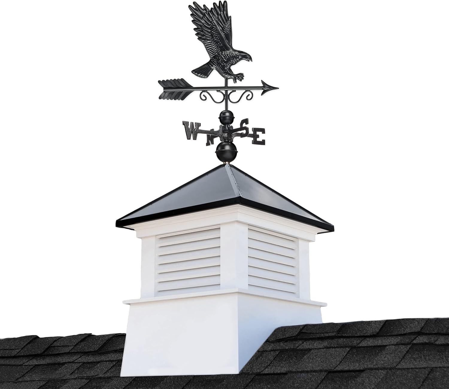 26" Square Manchester Vinyl Cupola with Black Aluminum roof and Black Aluminum Eagle Weathervane by Good Directions