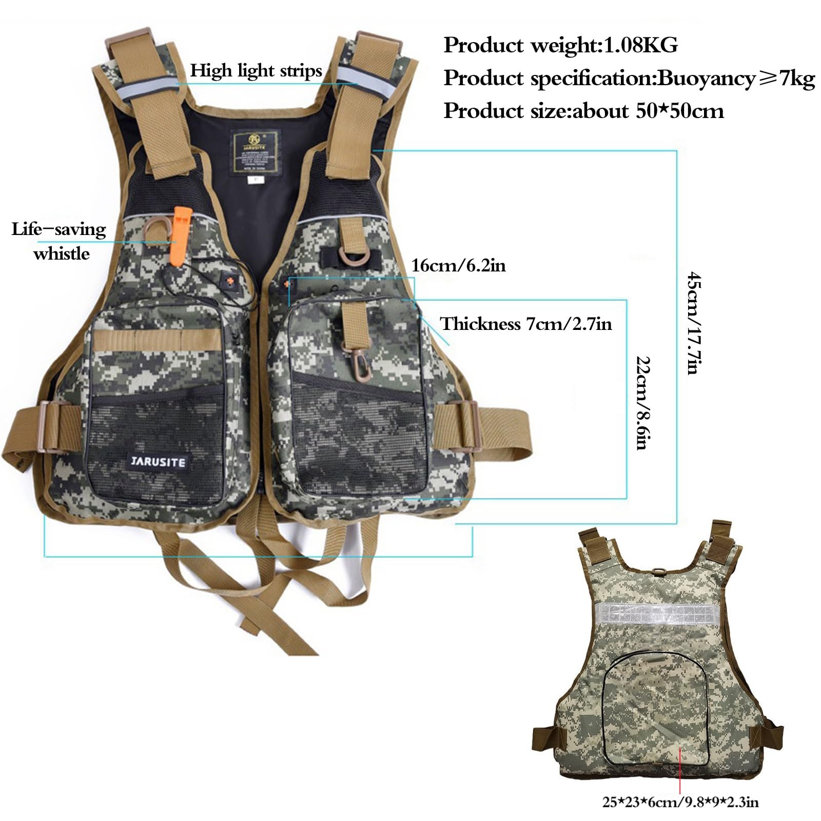 Kamizelka Ratunkowa Do WęDkowania Na śWieżYm Powietrzu Lekka Kamizelka Ratunkowa Regulowany PodwóJny Pas I Gwizdek Konstrukcja Aldult Lifejacket(Gray Camouflage)
