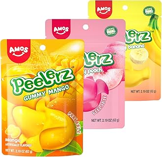 AMOS Peelerz Gummy Variety Pack - 5 Individual Packs, Peelable Fruity Gummies in Mango, Orange, Peach, Grape, and Banana Flavors